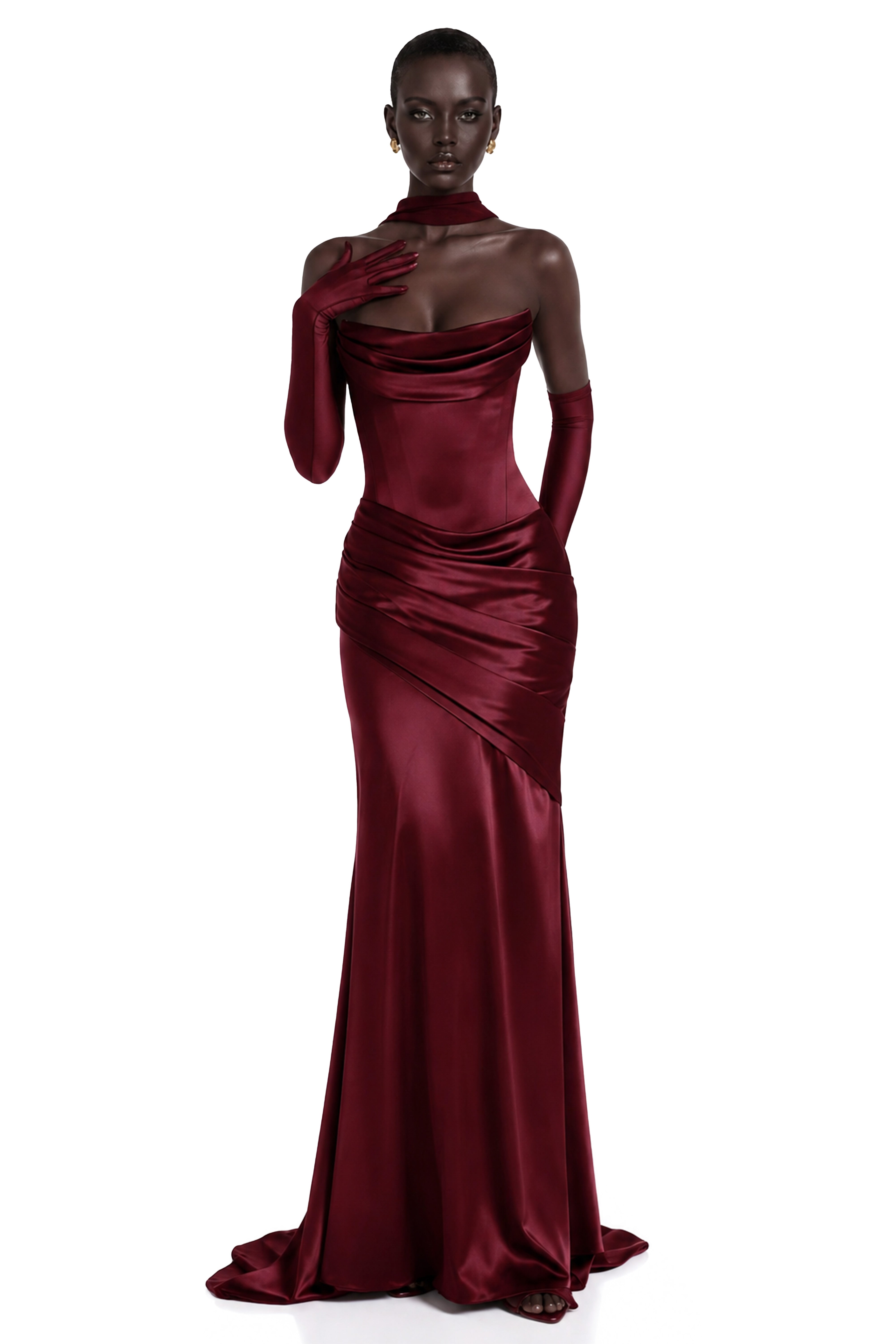 Burgundy strapless satin gown with gloves