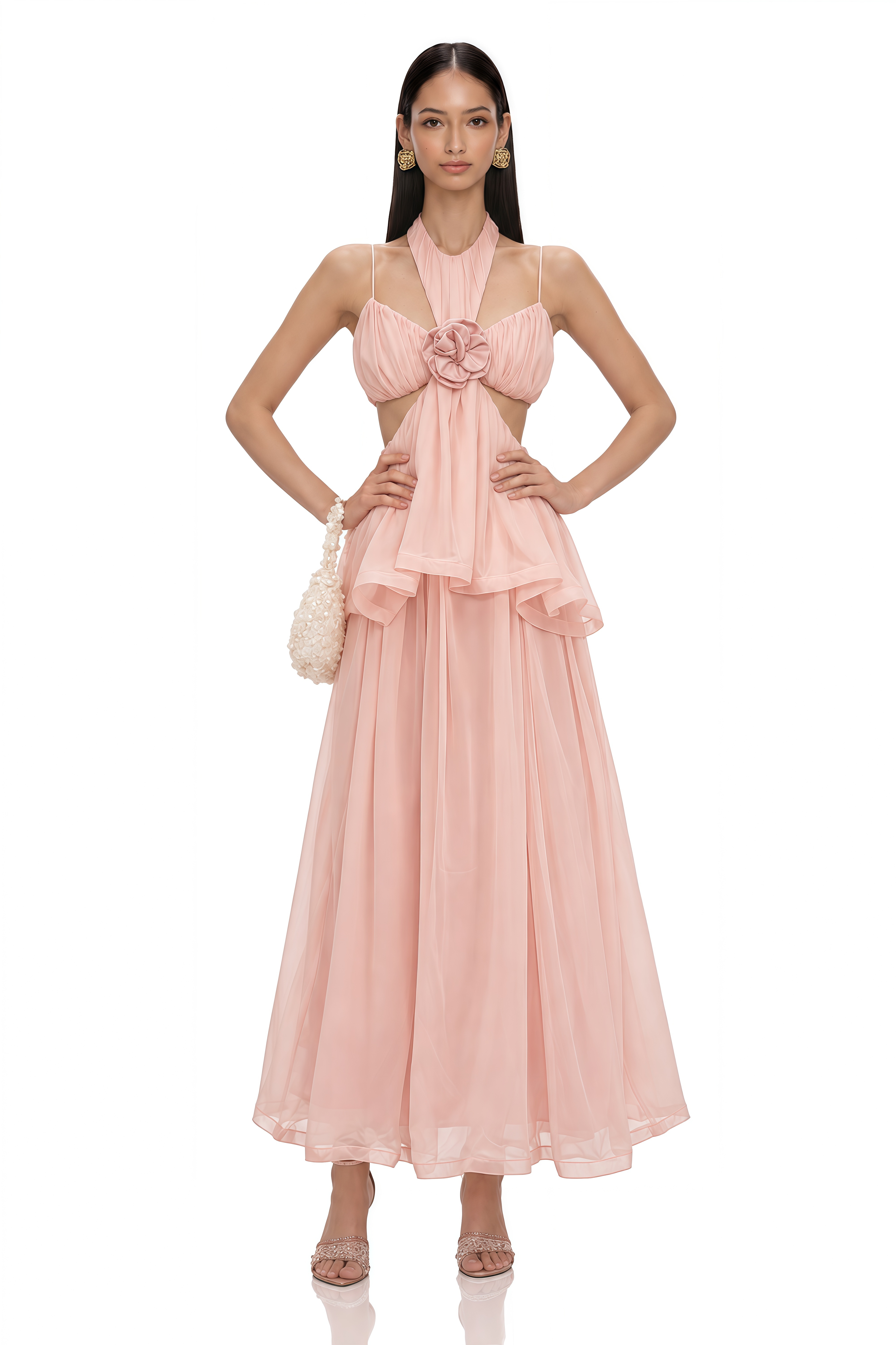 Danae Pink Cut-Out Floral-Applique Maxi Dress