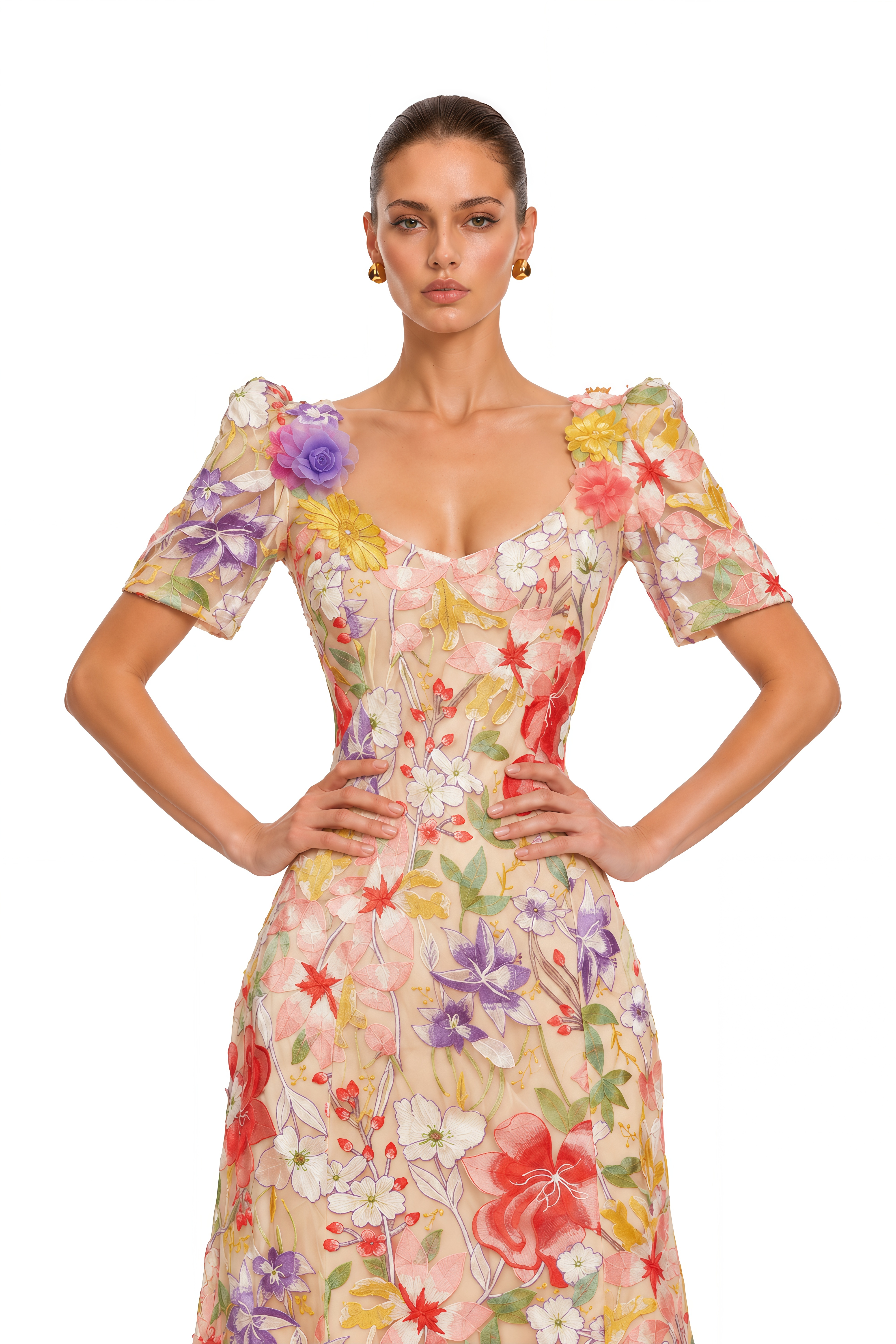 Darcy Neutral Floral Embroidered Tulle Midi Dress