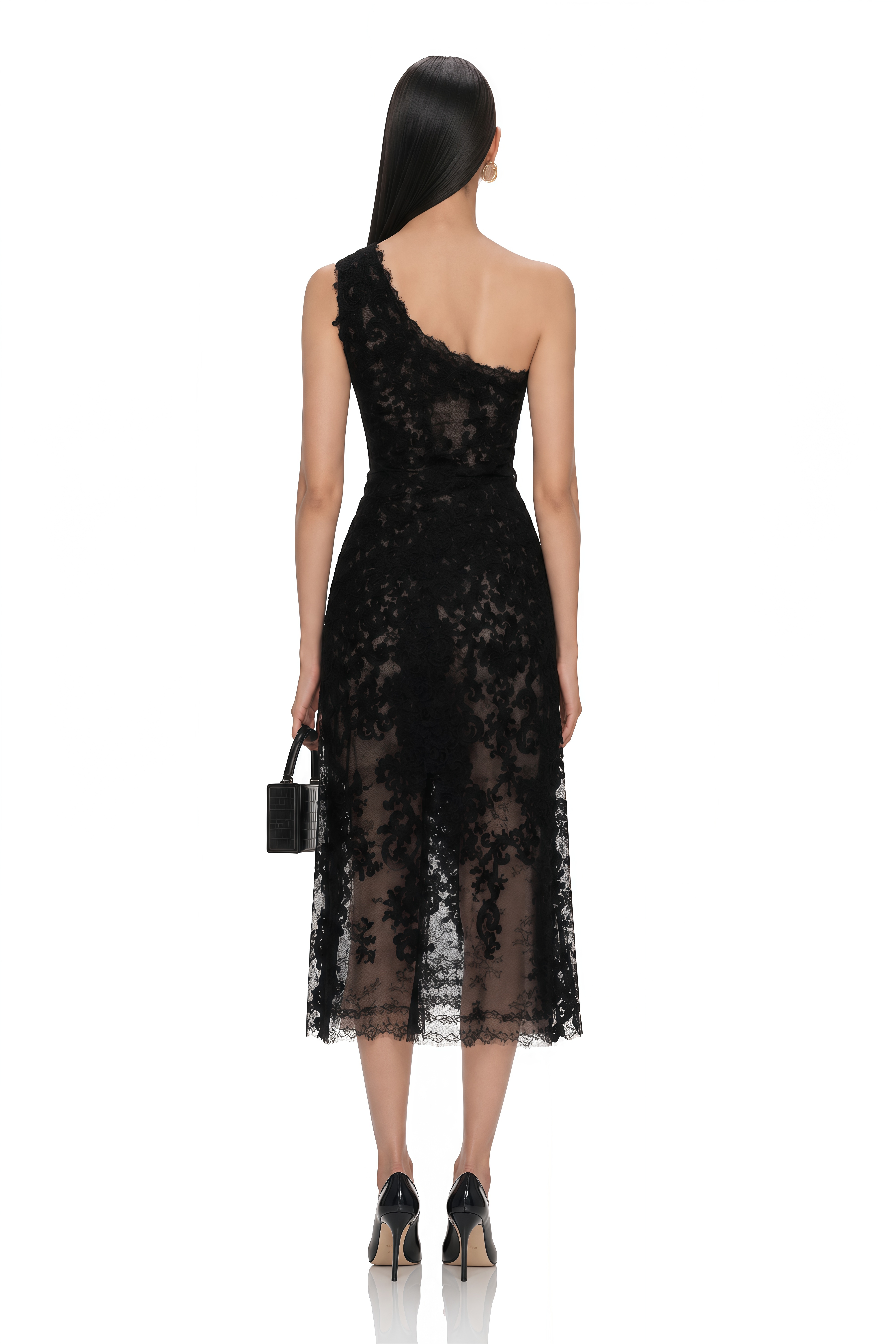 Hannah Black 3D Floral Midi Dress wiith Side Slit