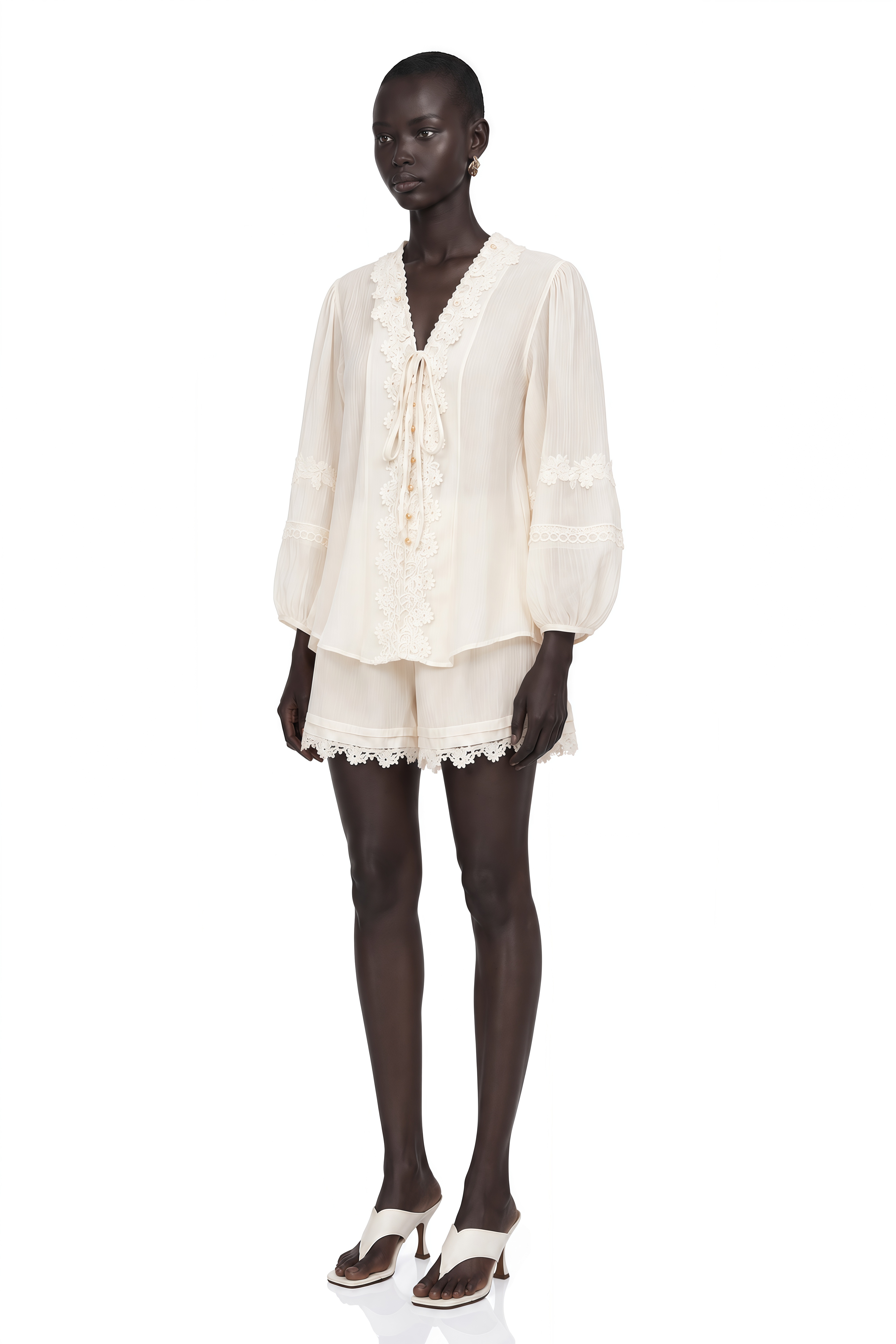 Leonie Ivory V-Neck Blouse & Shorts Set with Floral Applique