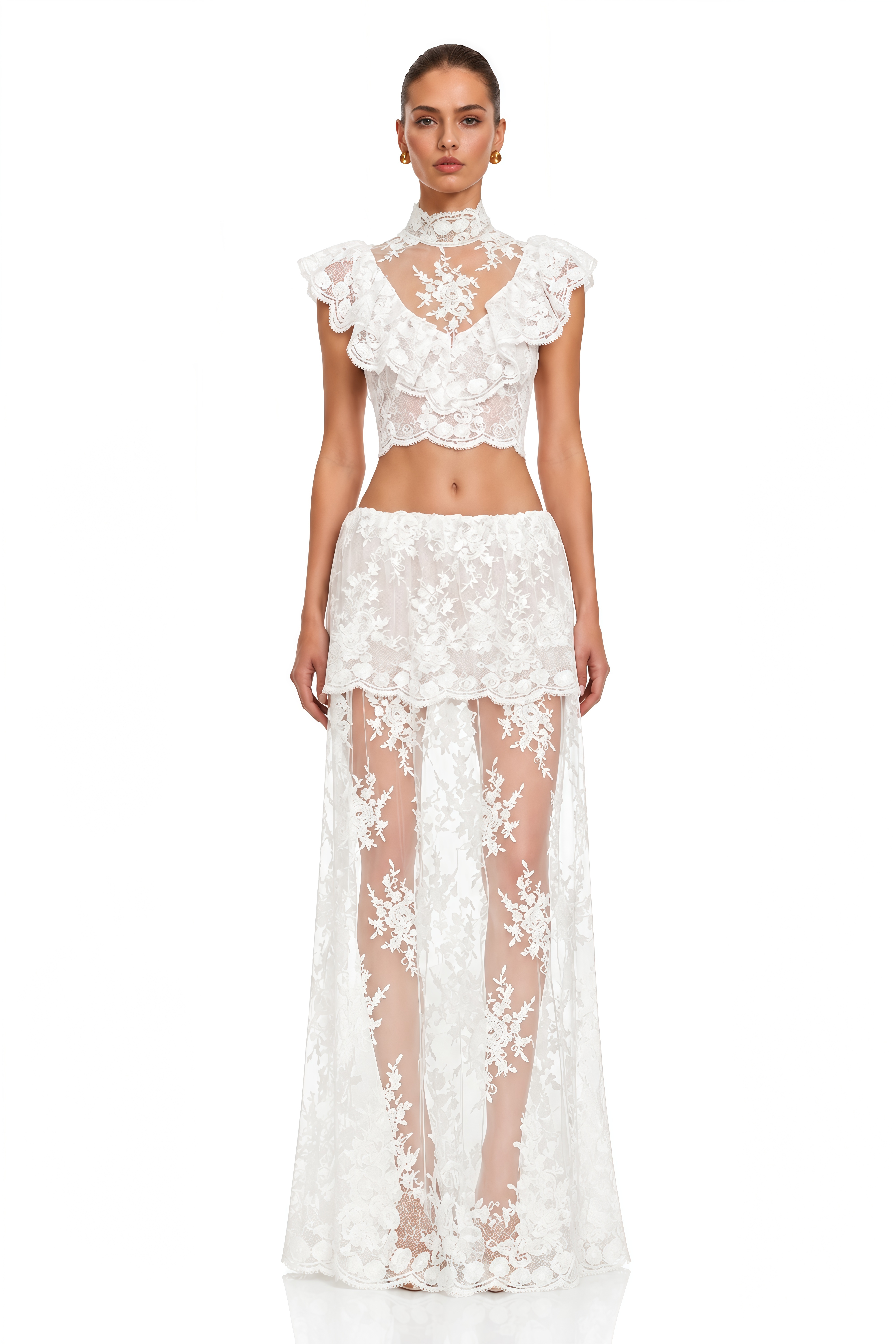 Corinne White Floral Lace Ruffled Top & Skirt Set