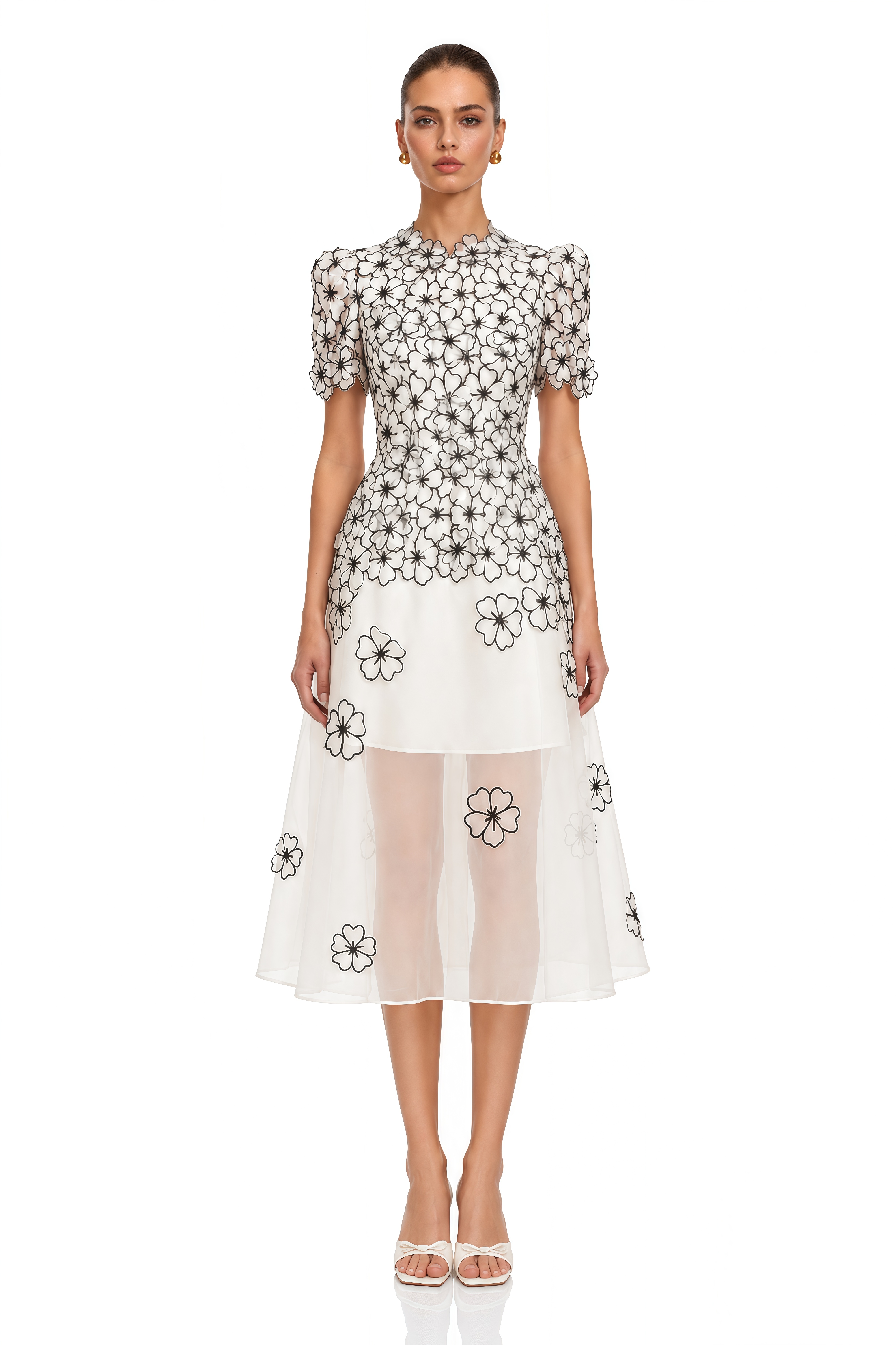 Yaelle White Floral Appliqué Tulle Midi Dress