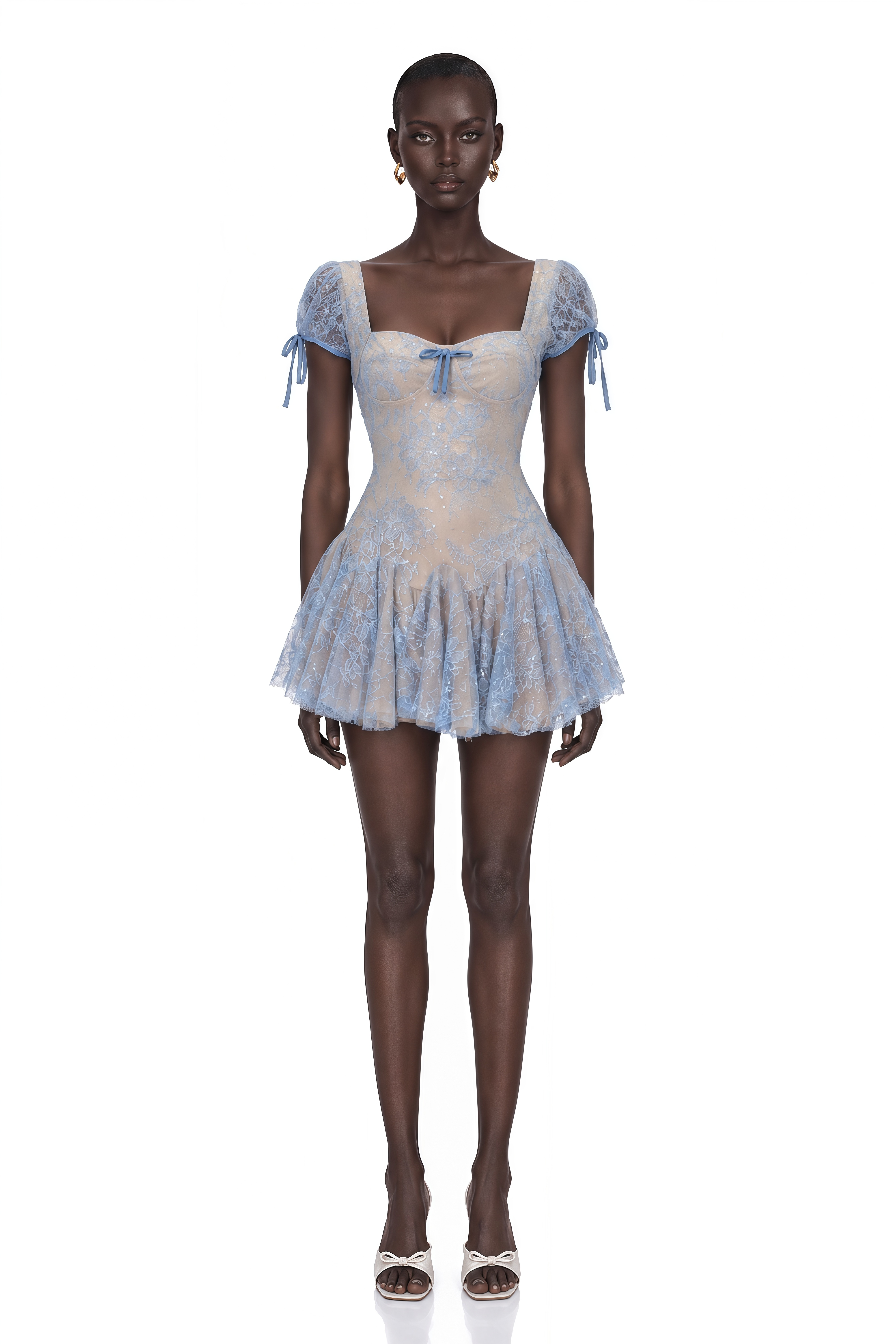 Ruslana Dusty Blue Ruched Lace Mini Dress