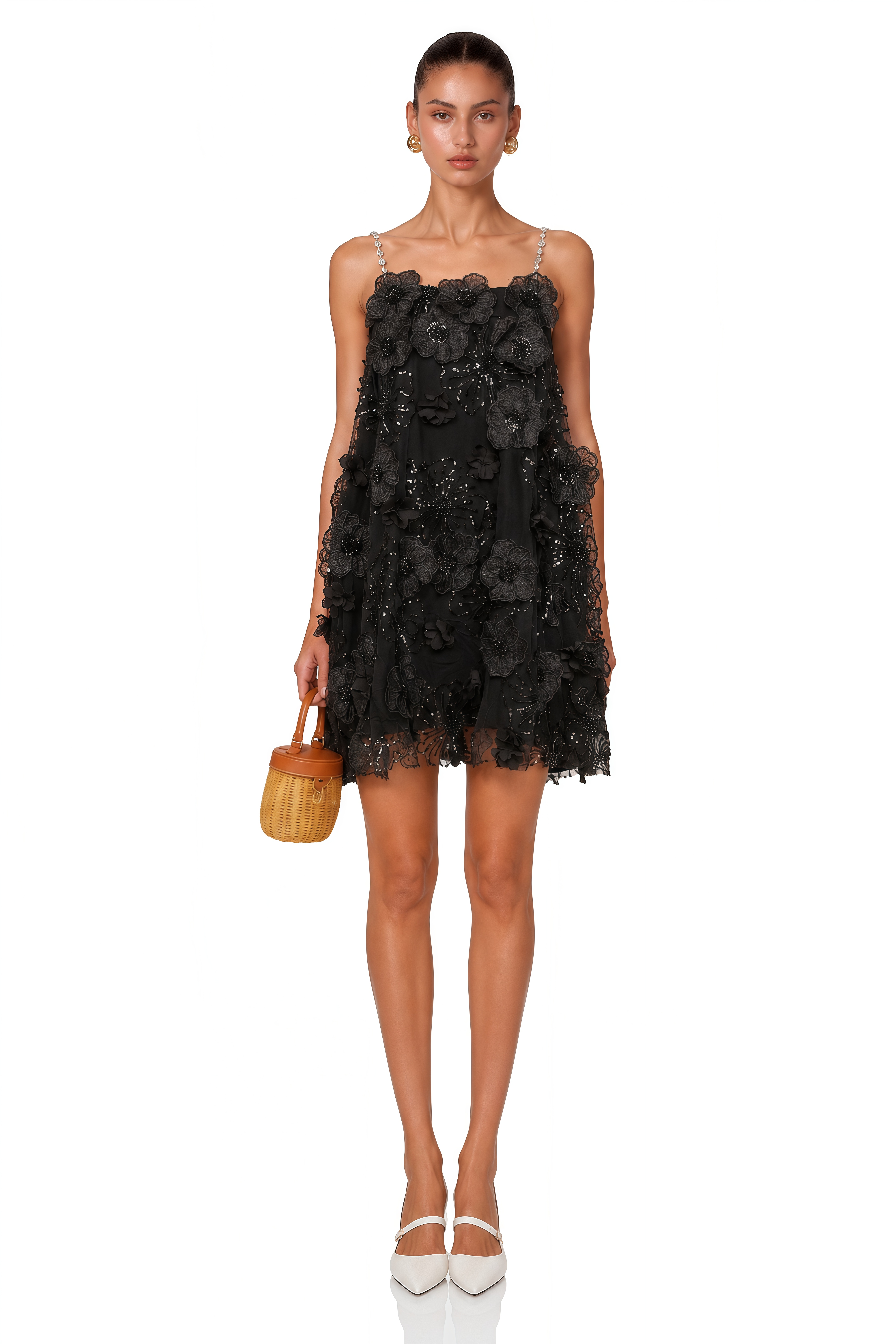 Suzette Crystal-Embellished Floral Mini Dress in Black
