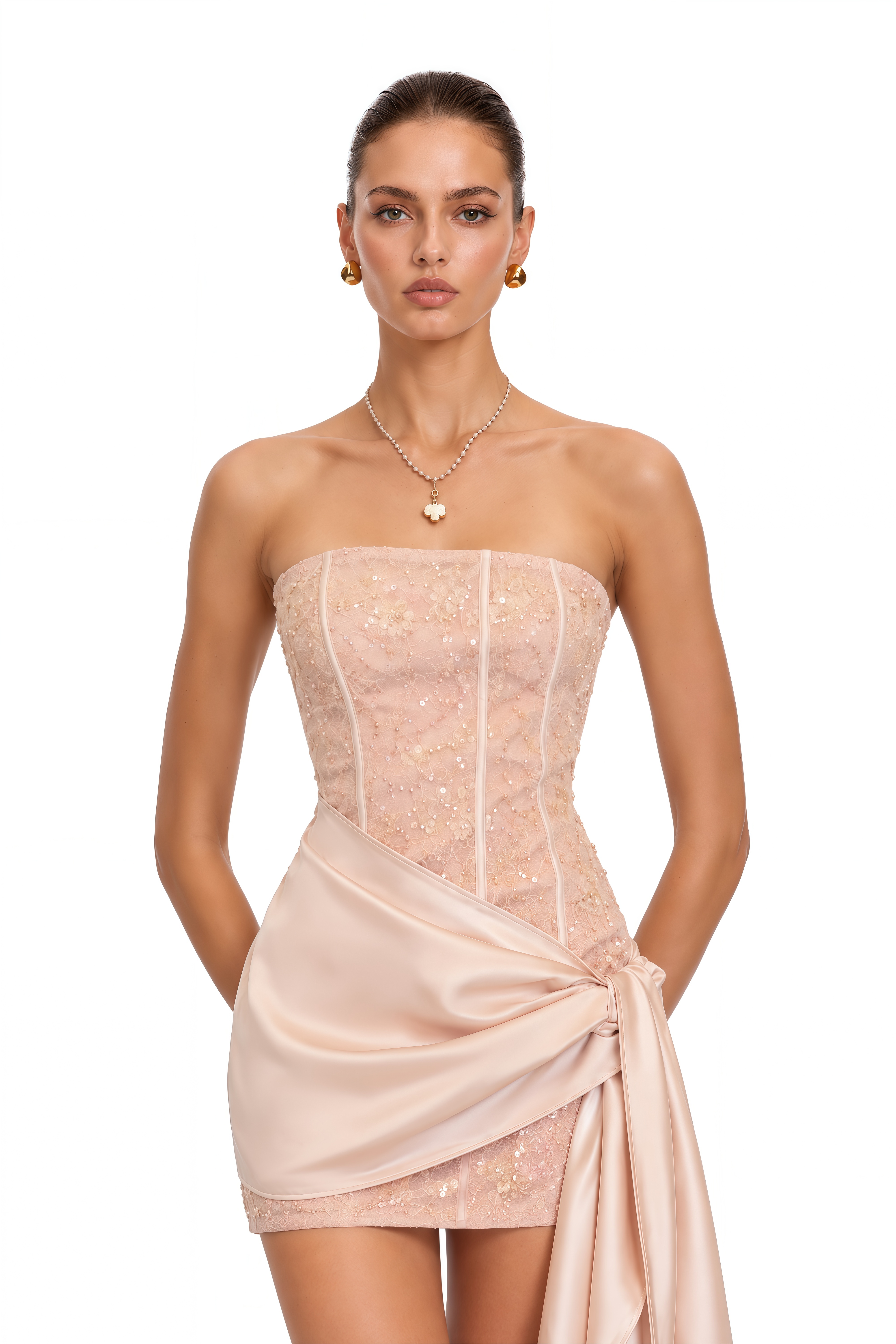 Hamuera Pink Off Shoulder Sequin Lace Mini Dress