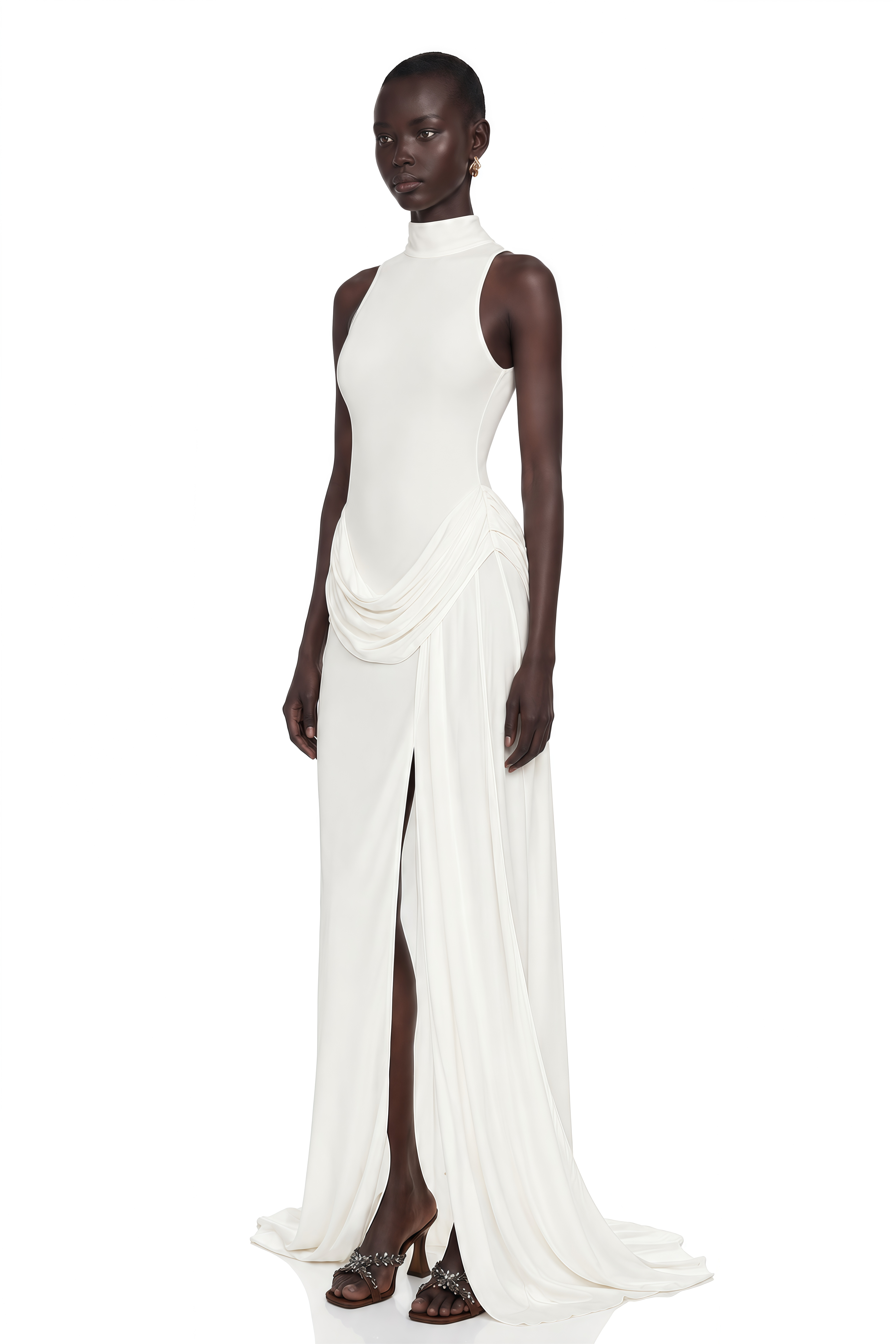 Mystérieuse White Turtleneck Draped Maxi Dress