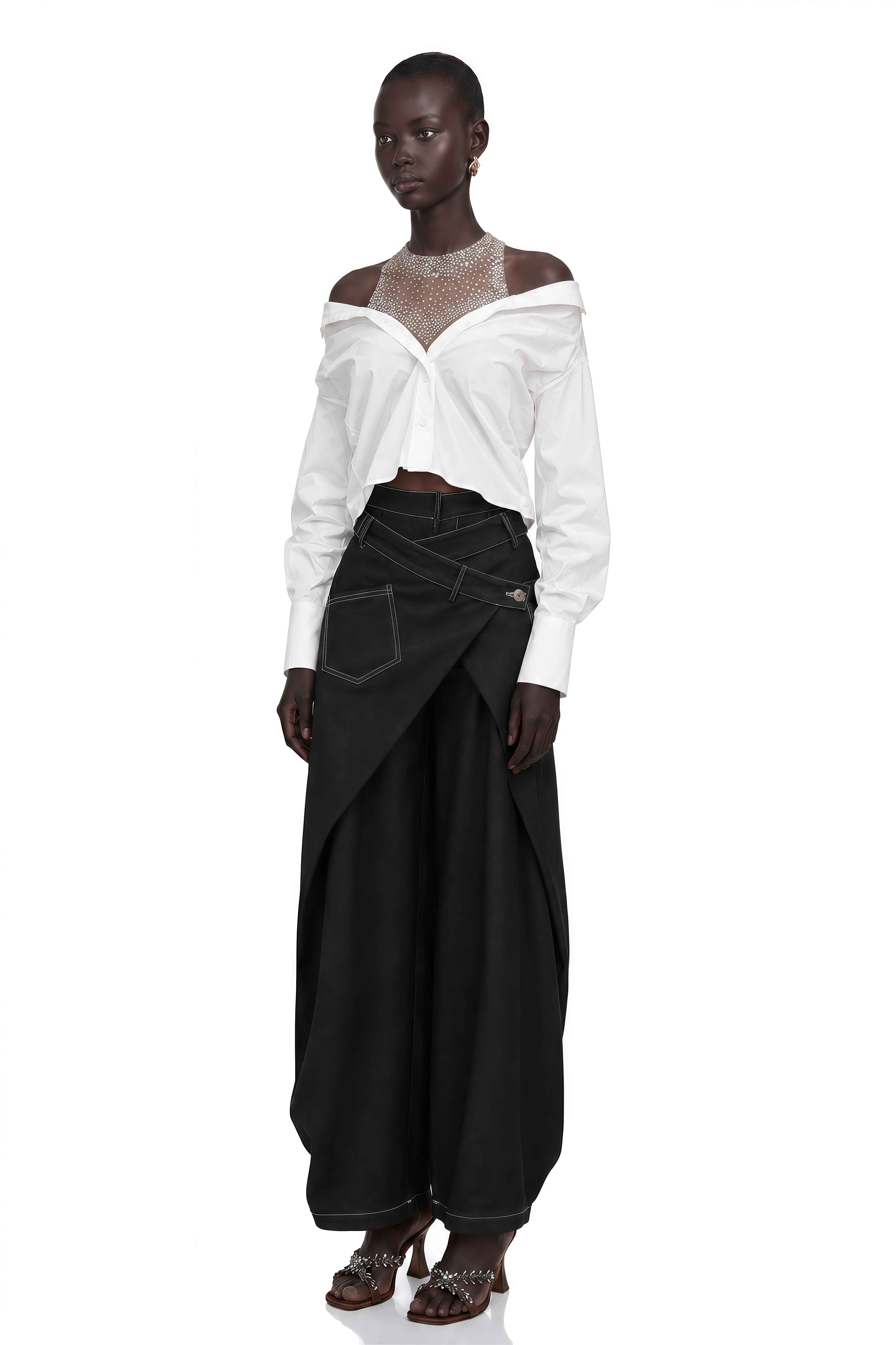 Fernande White Rhinestone Mesh Panel Shirt