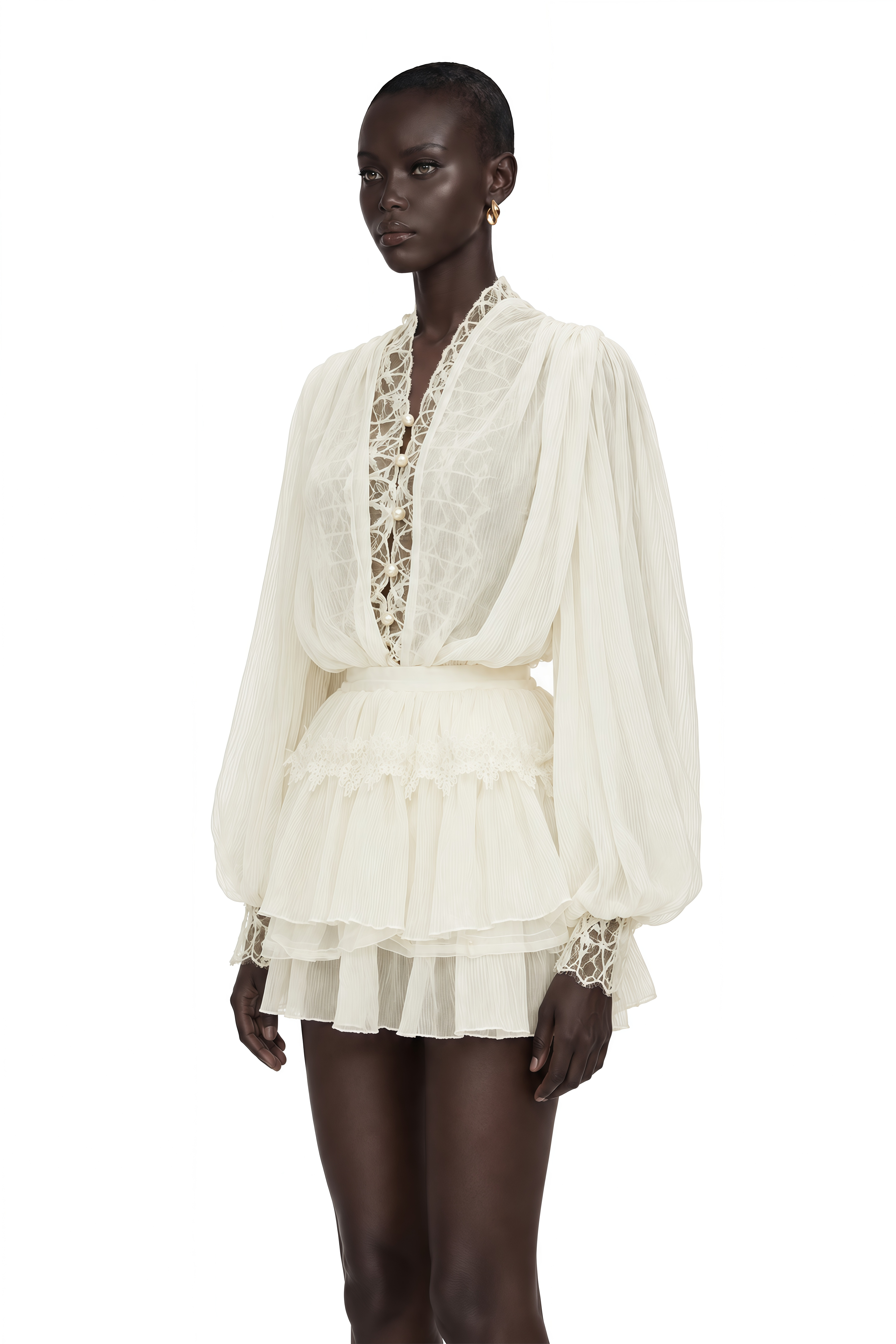 Sophie White Lace Trim Blouse & Tiered Skirt Set