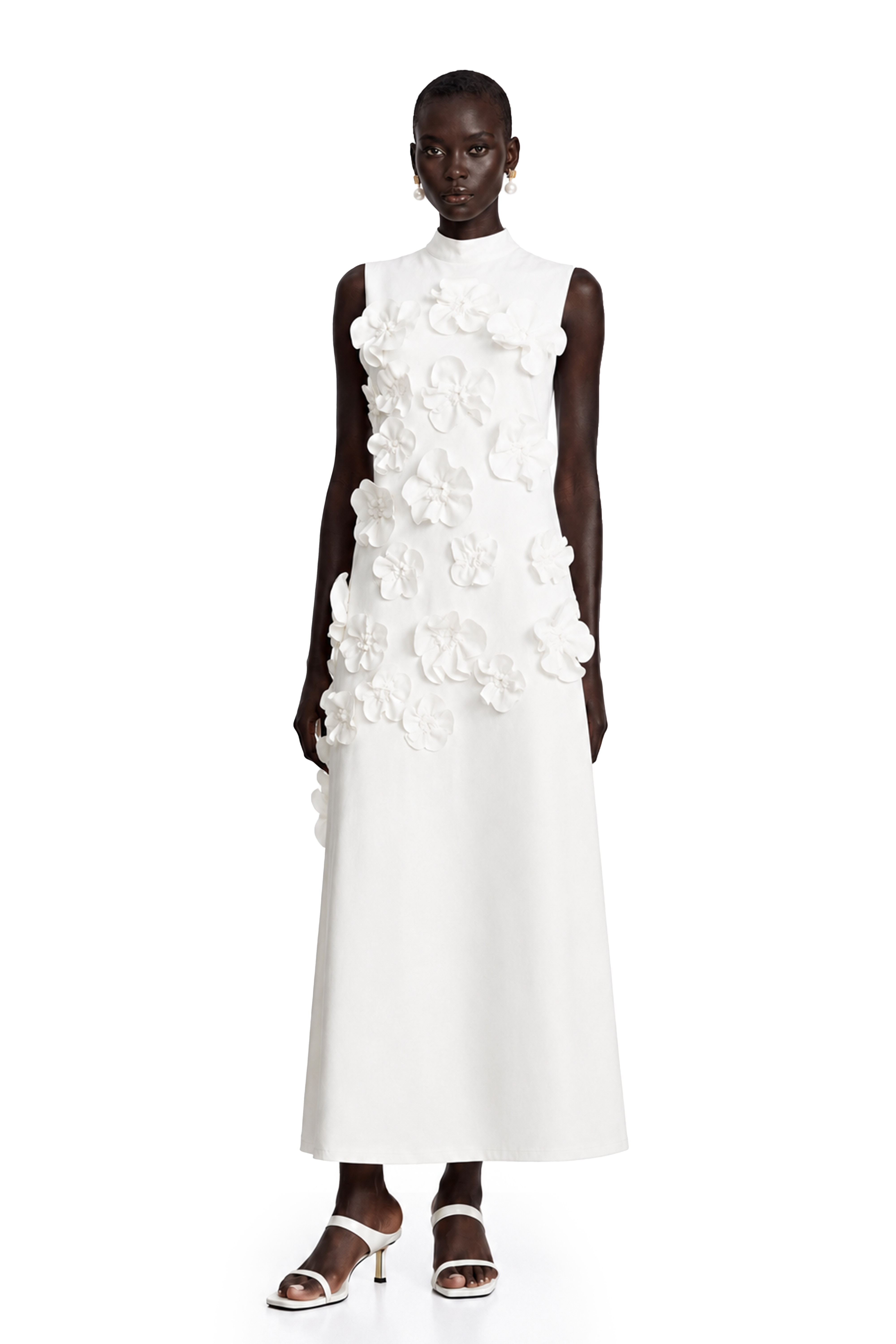 White sleeveless high-neck midi dress with 3D floral embellishments