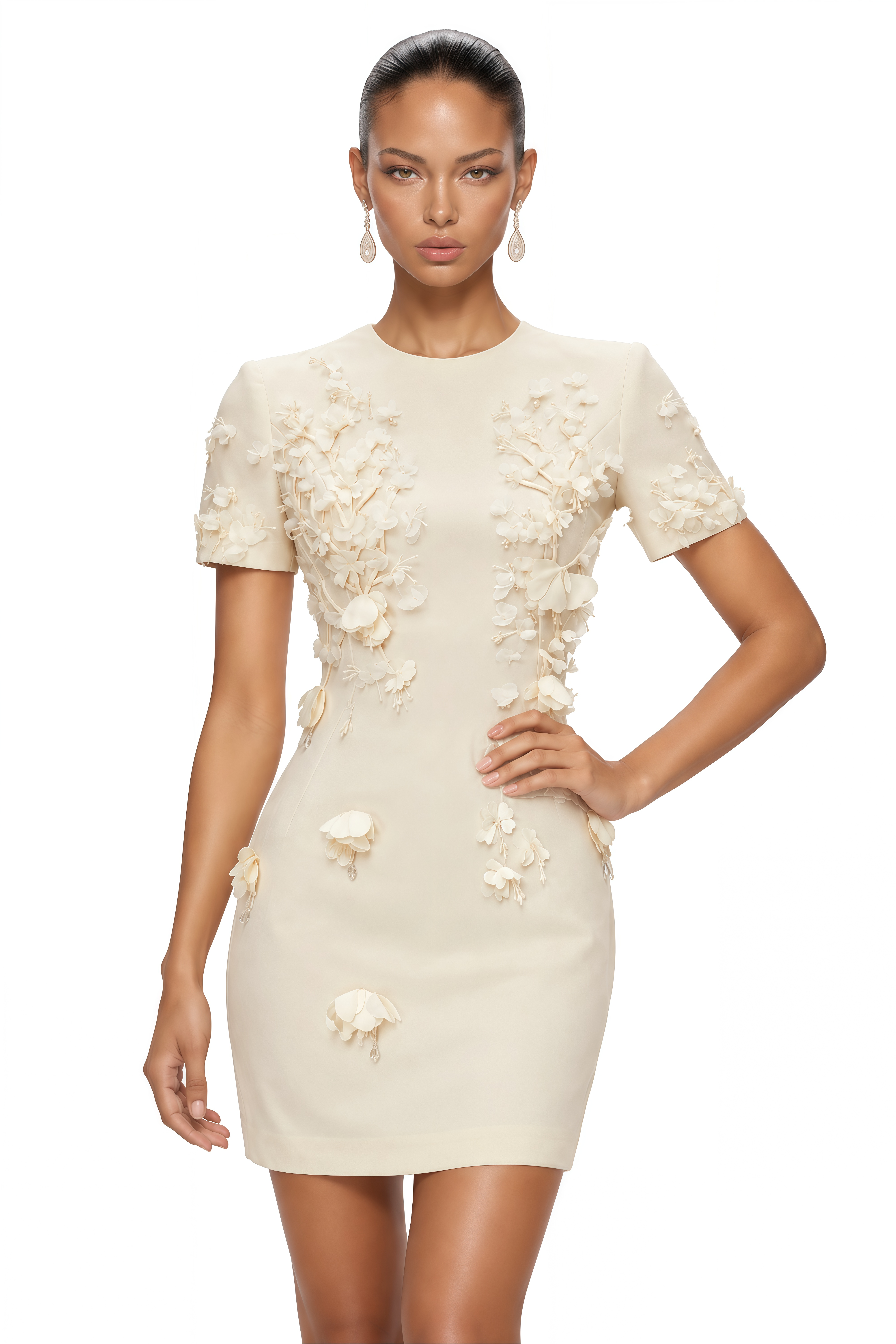 Skye Ivory Round Neck Mini Dress with Floral Applique