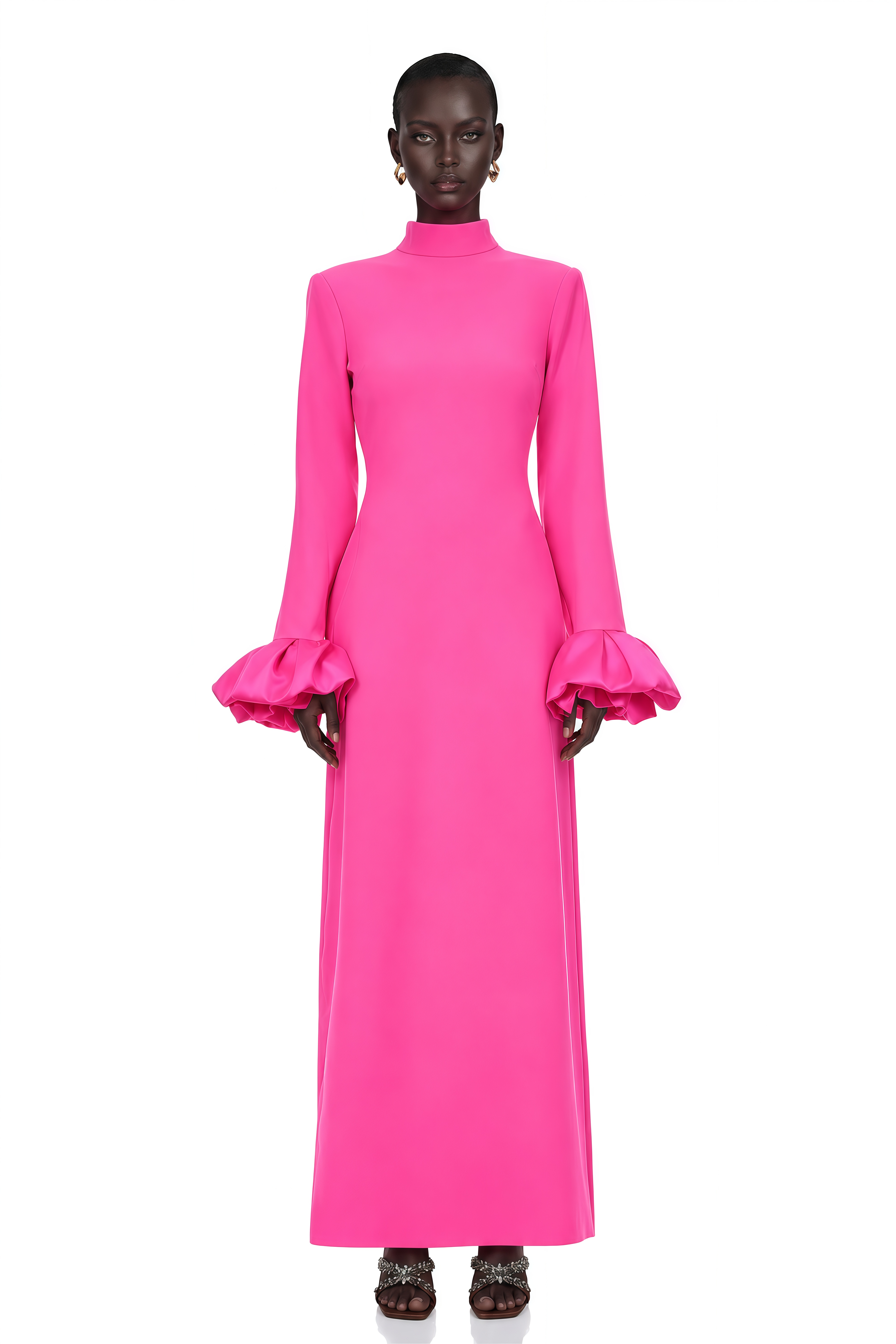Eugenia Hot Pink Petal Cuff Maxi Dress