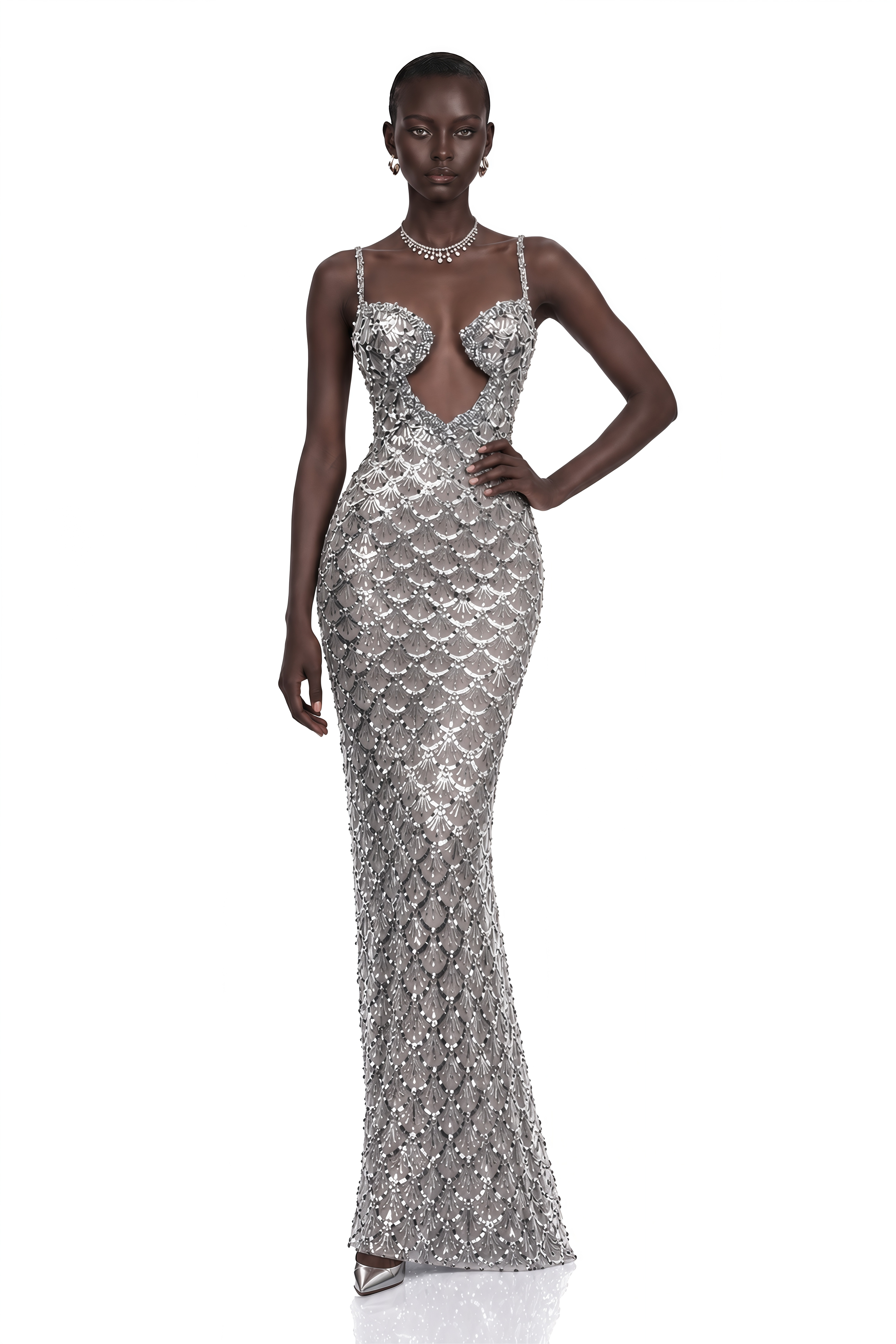 Tehila Silver Embellished Mermaid Maxi Dress