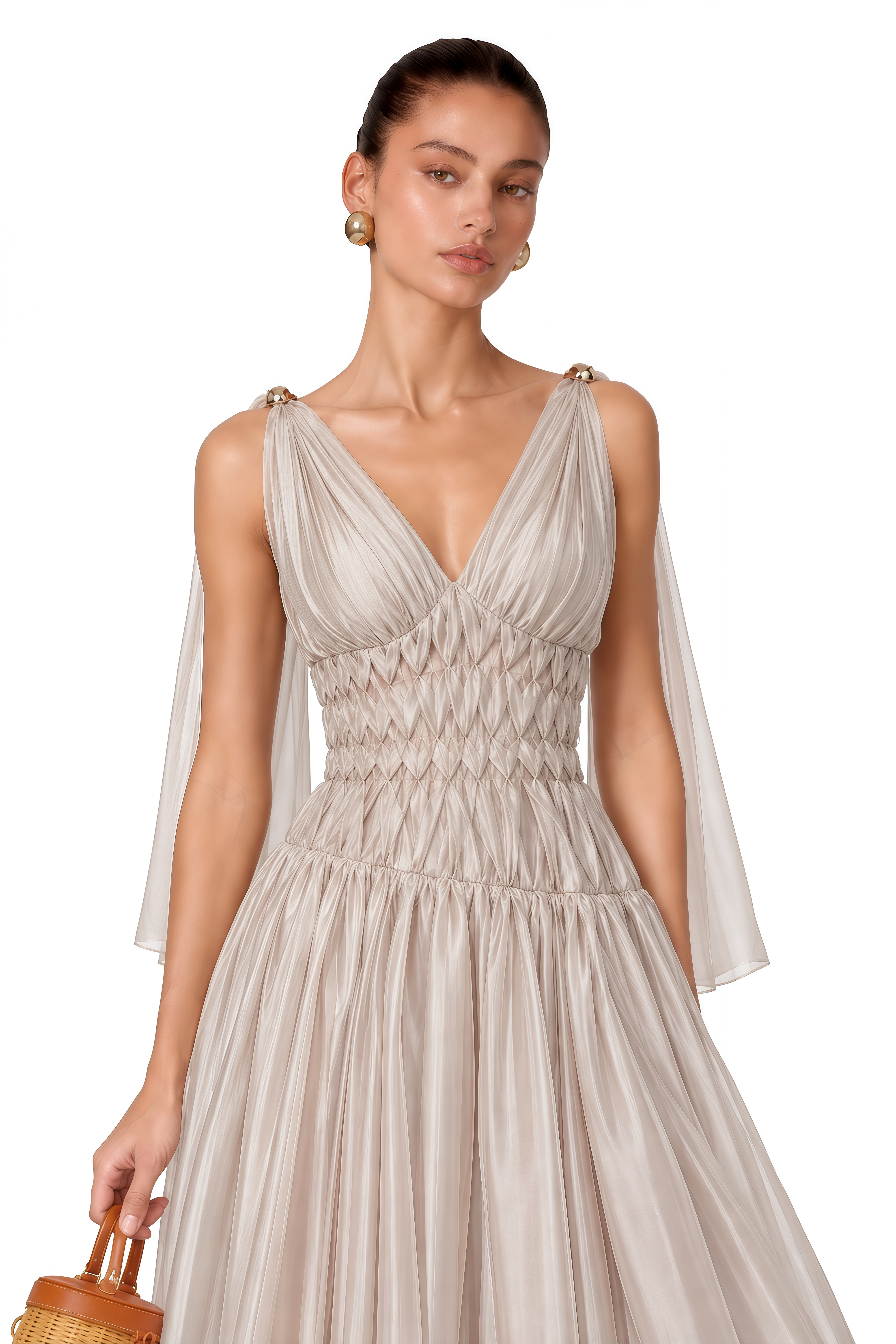 Ismerie Champagne V-Neck Ruched Maxi Dress