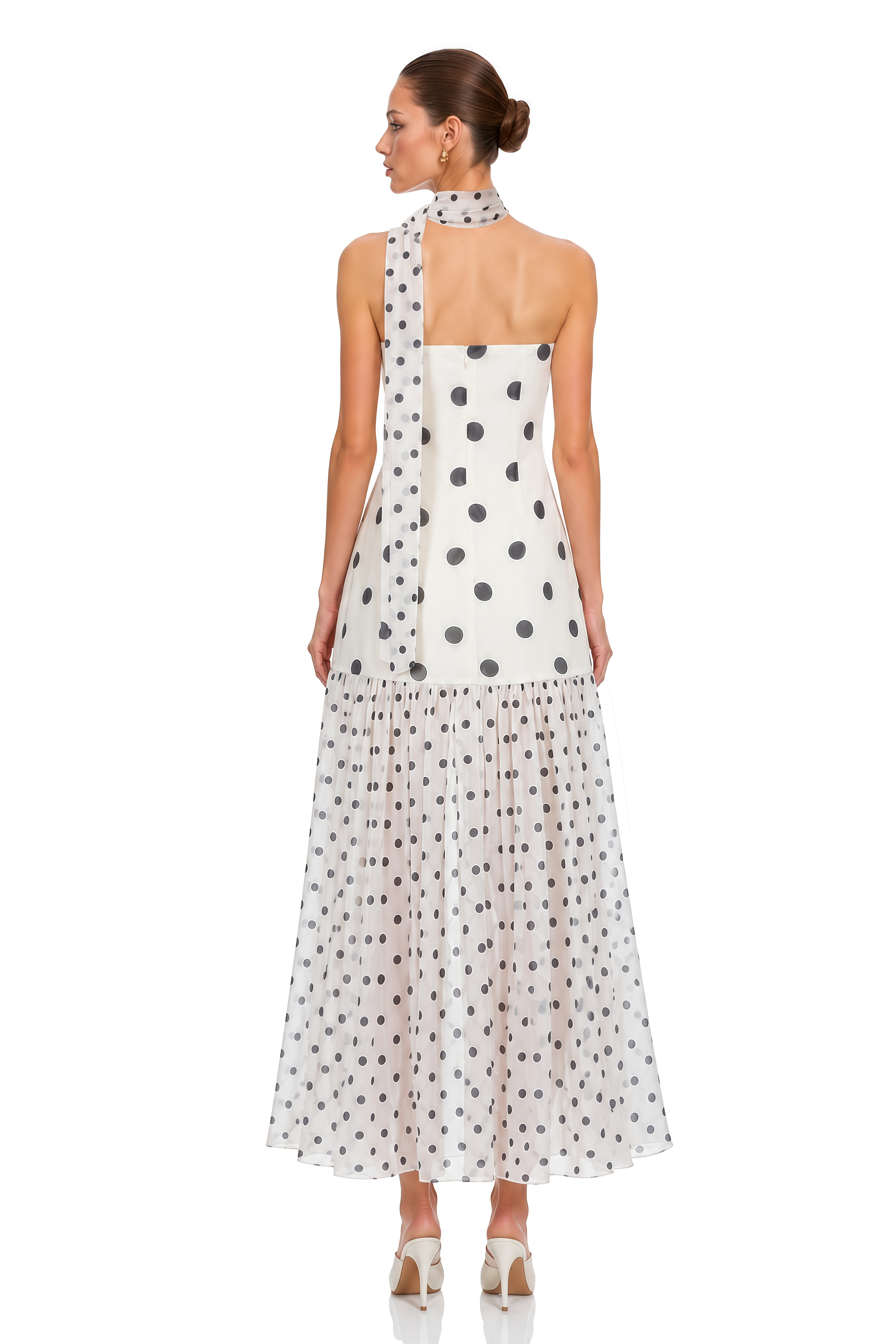 Mirela White Polka Dot Ruched Maxi Dress
