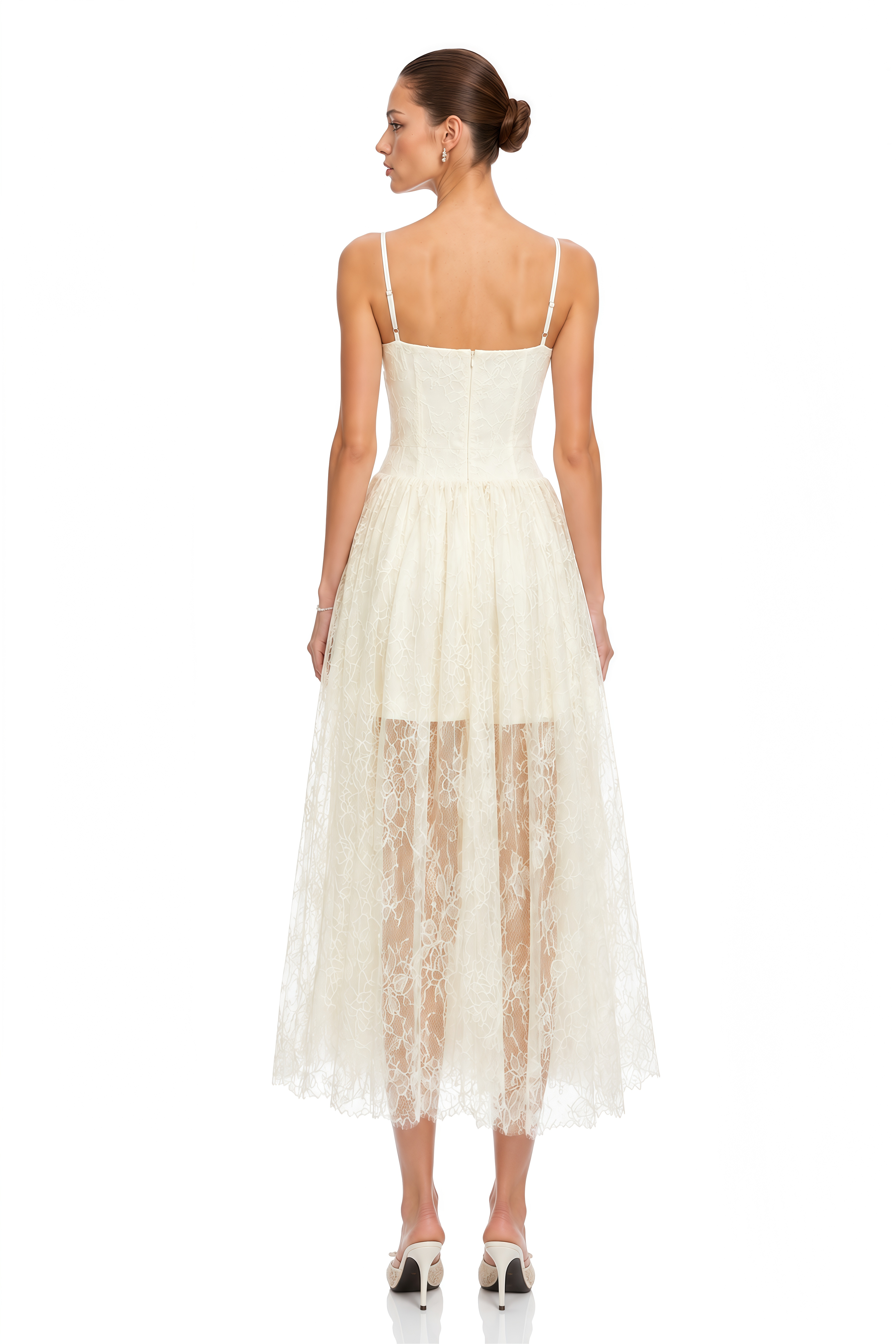 Ikaroa Cream Sweetheart Lace Midi Dress