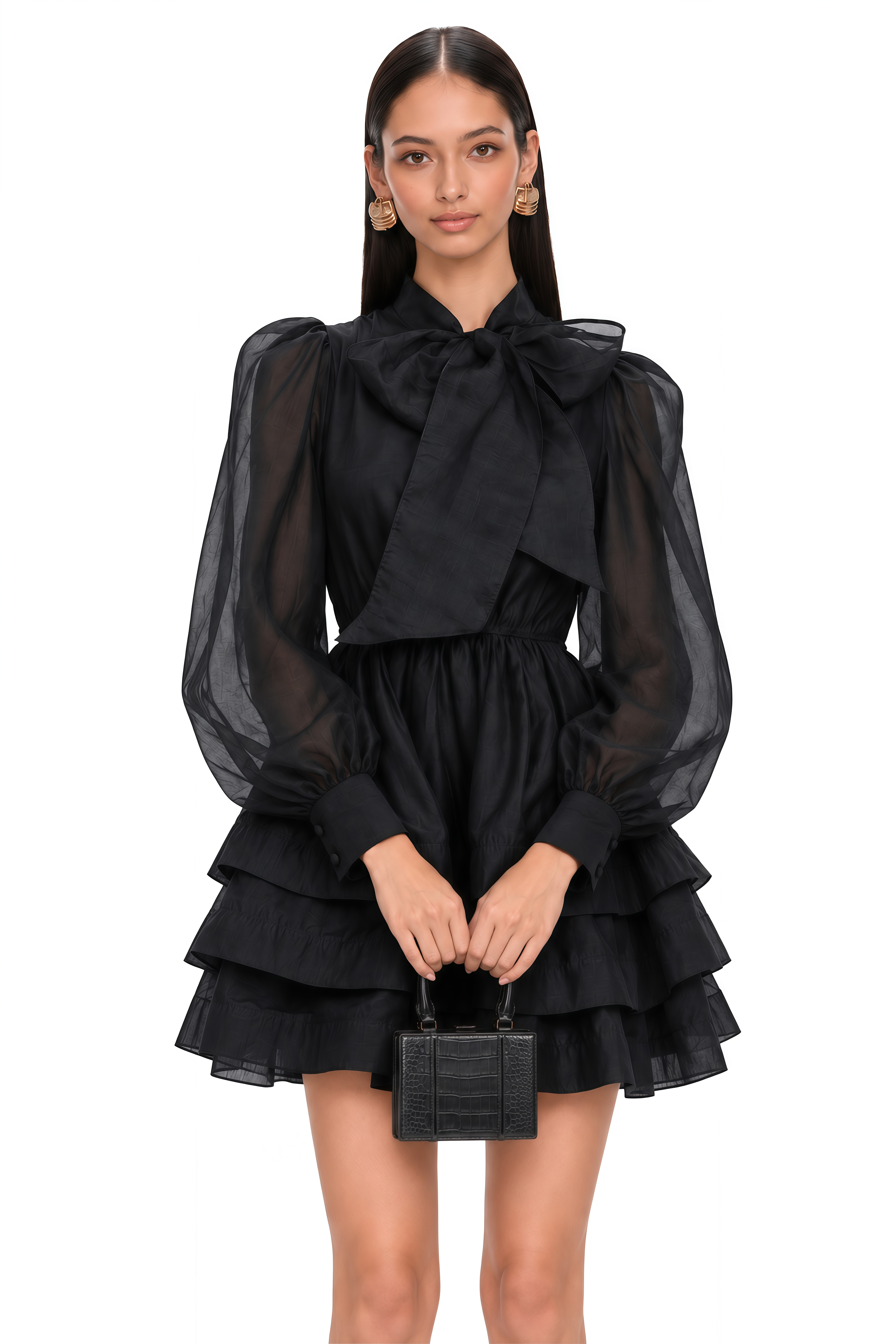 Élodie Tiered Flared Mini Dress in Black