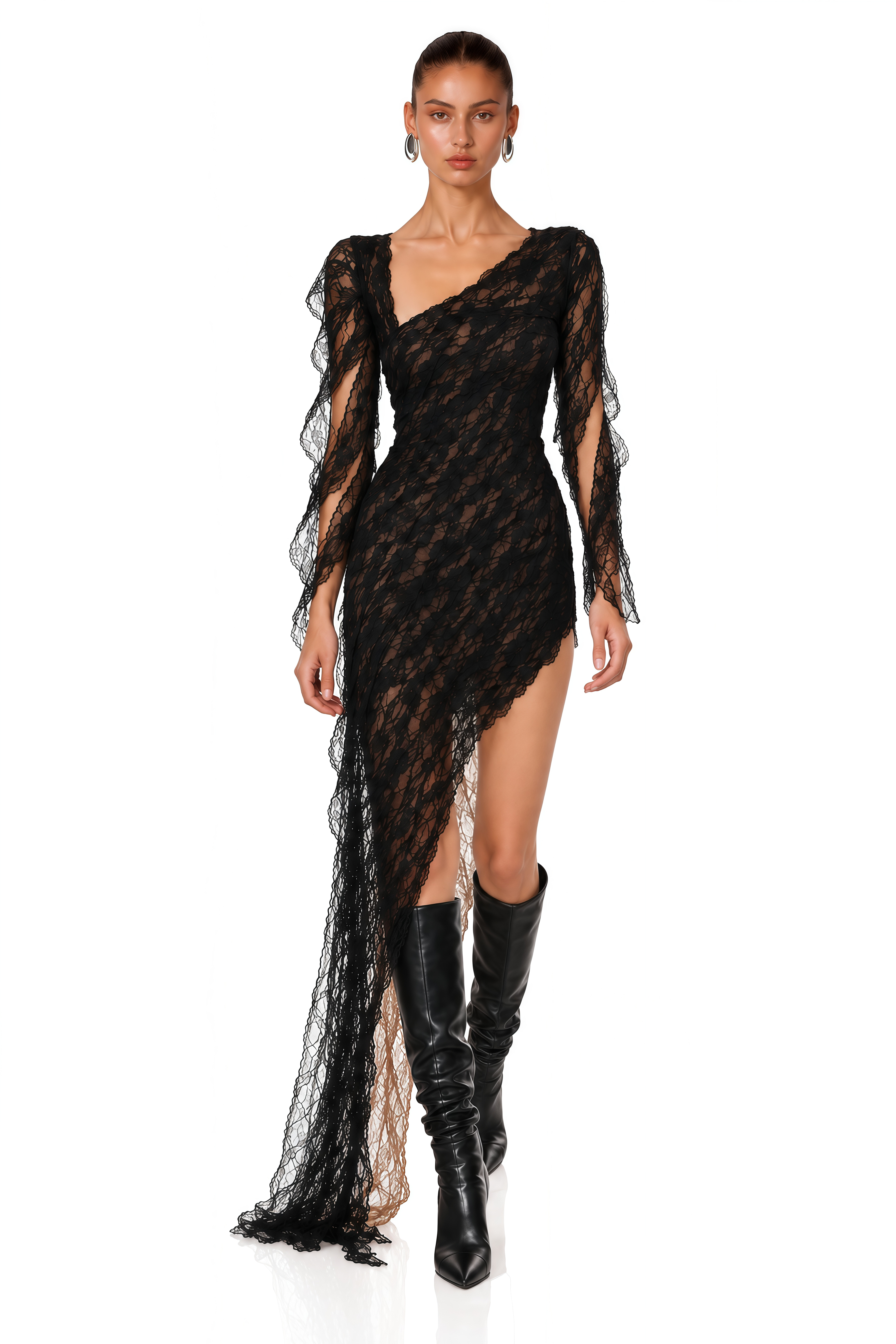 Gemma Black Floral Lace Asymmetrical Maxi Dress