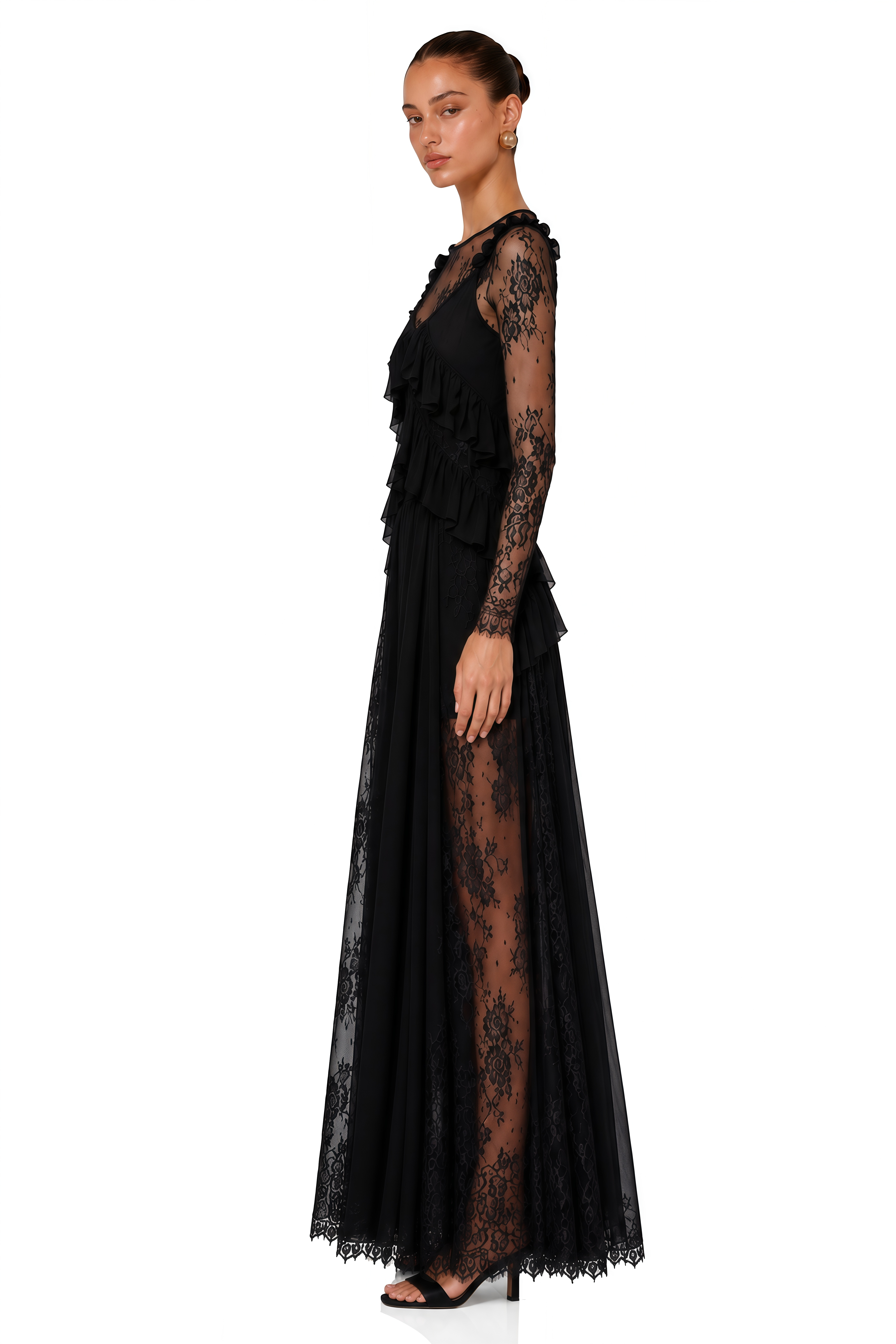 Vivian Black Sheer Lace Long Sleeves Ruffled Maxi Dress
