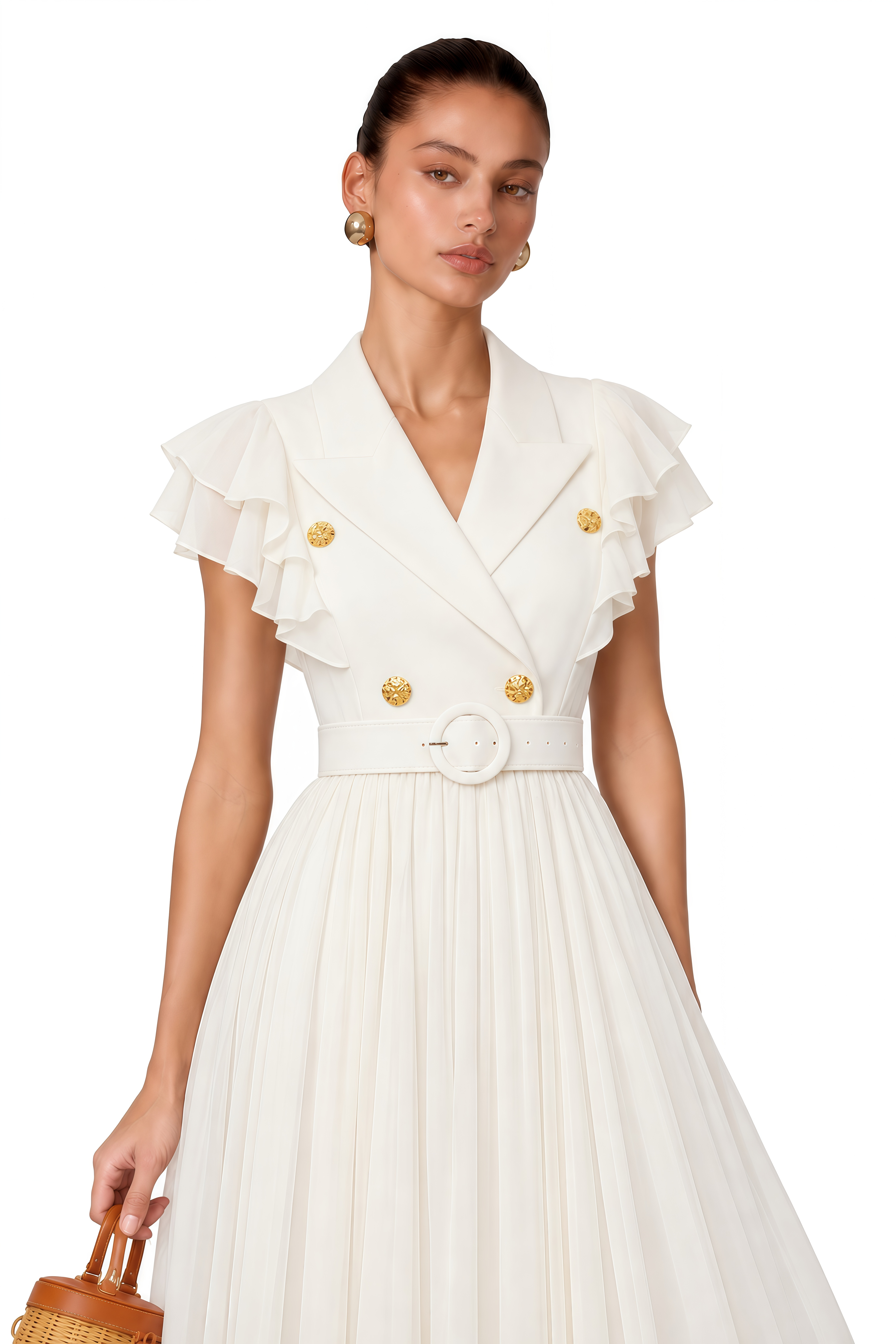 Prunelle Neutral Ruffled Pleated Maxi Dress