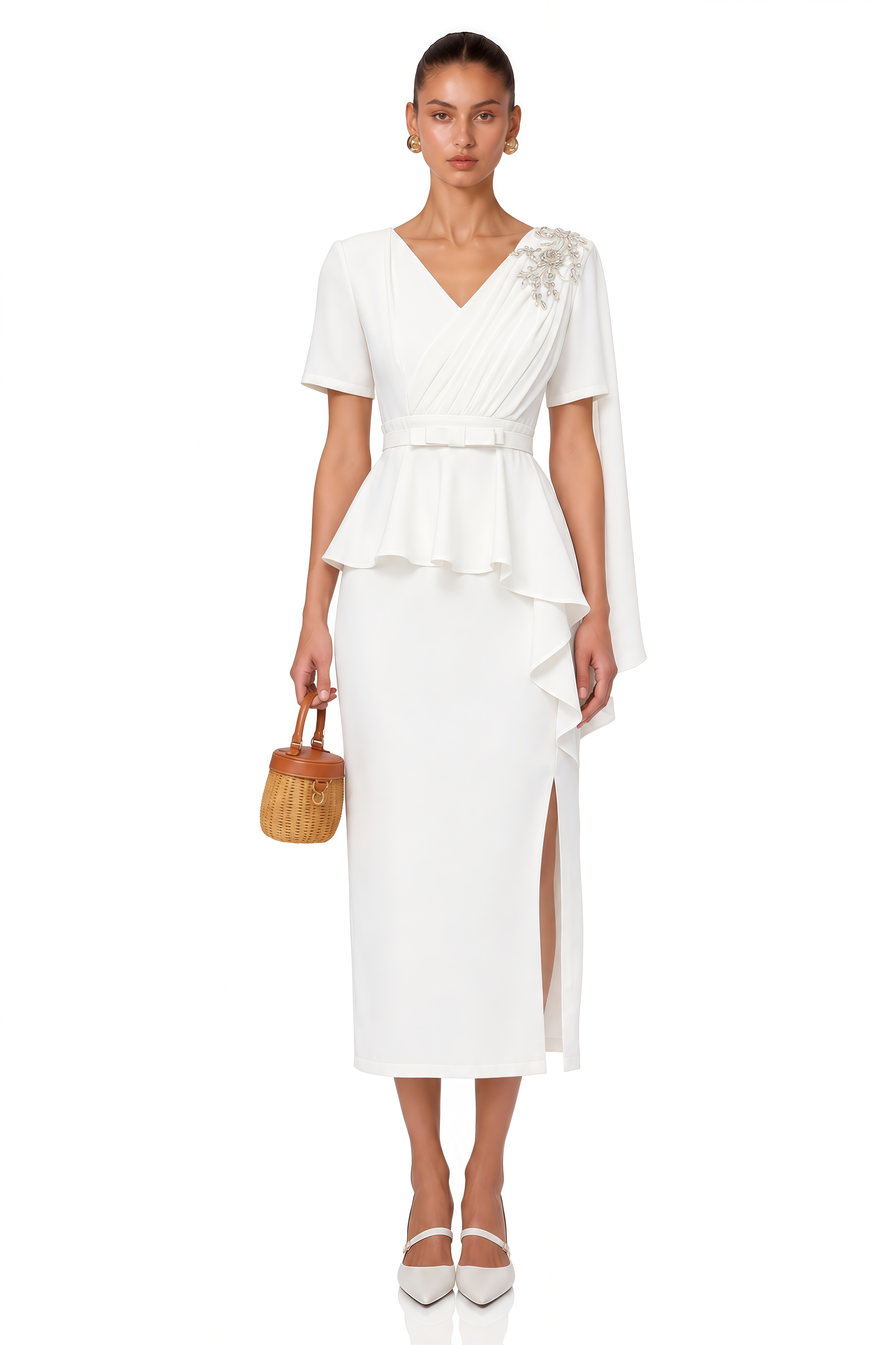 Garance White Belted Midi Dress with Cape Sleeves