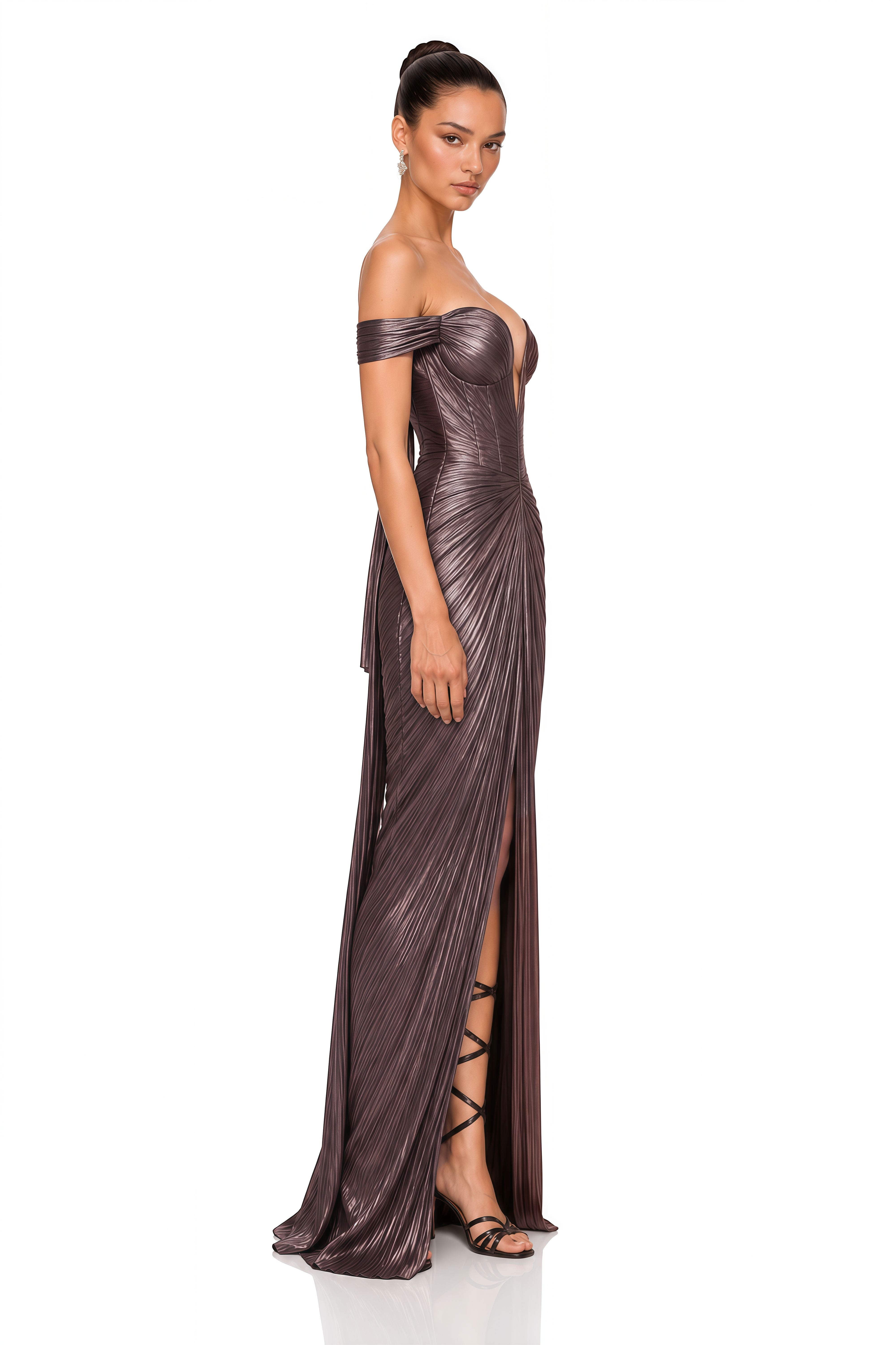 Pérola Bronze Gold Metallic Off Shoulder Maxi Dress