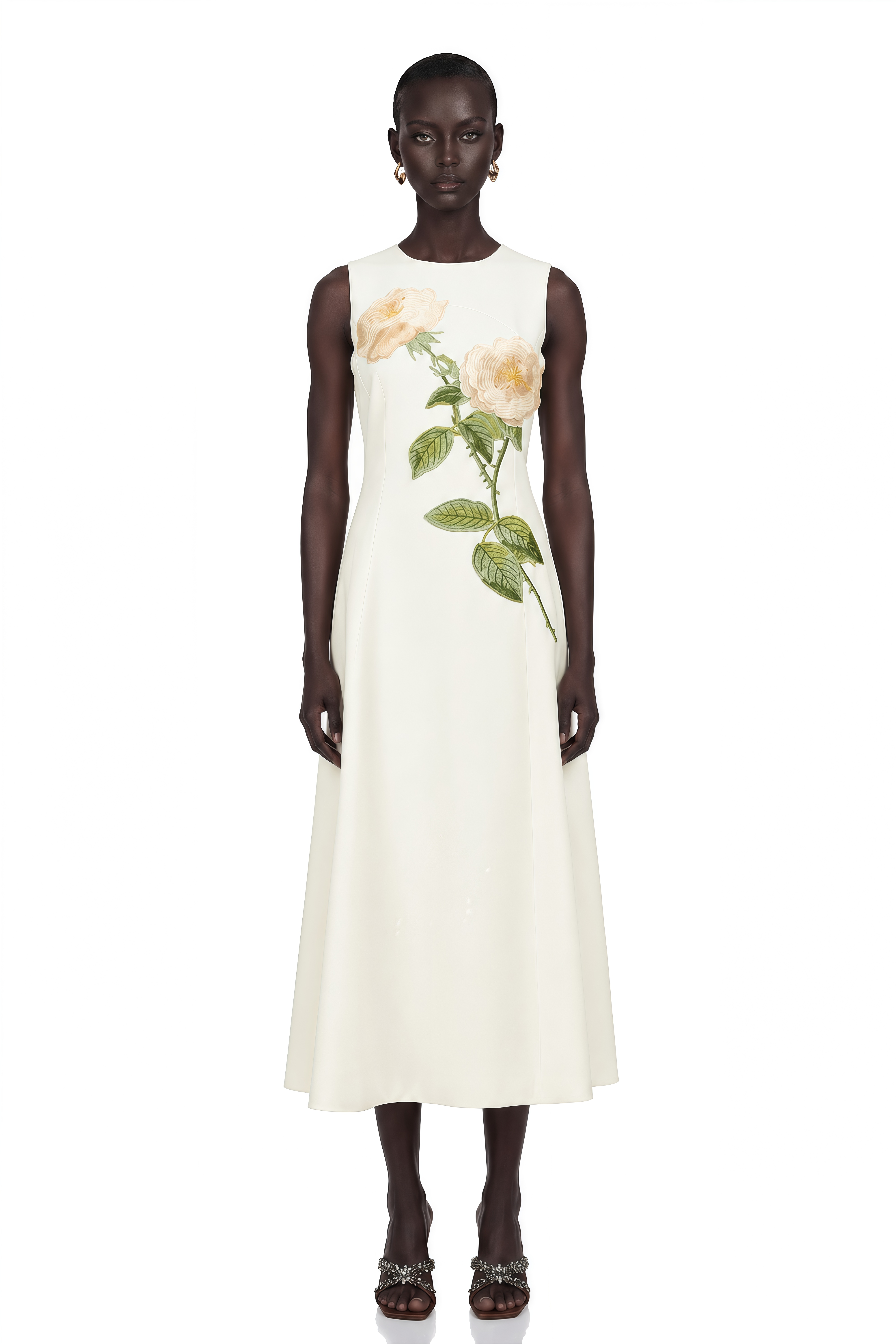 Mackenzie White Floral Embroidered Midi Dress