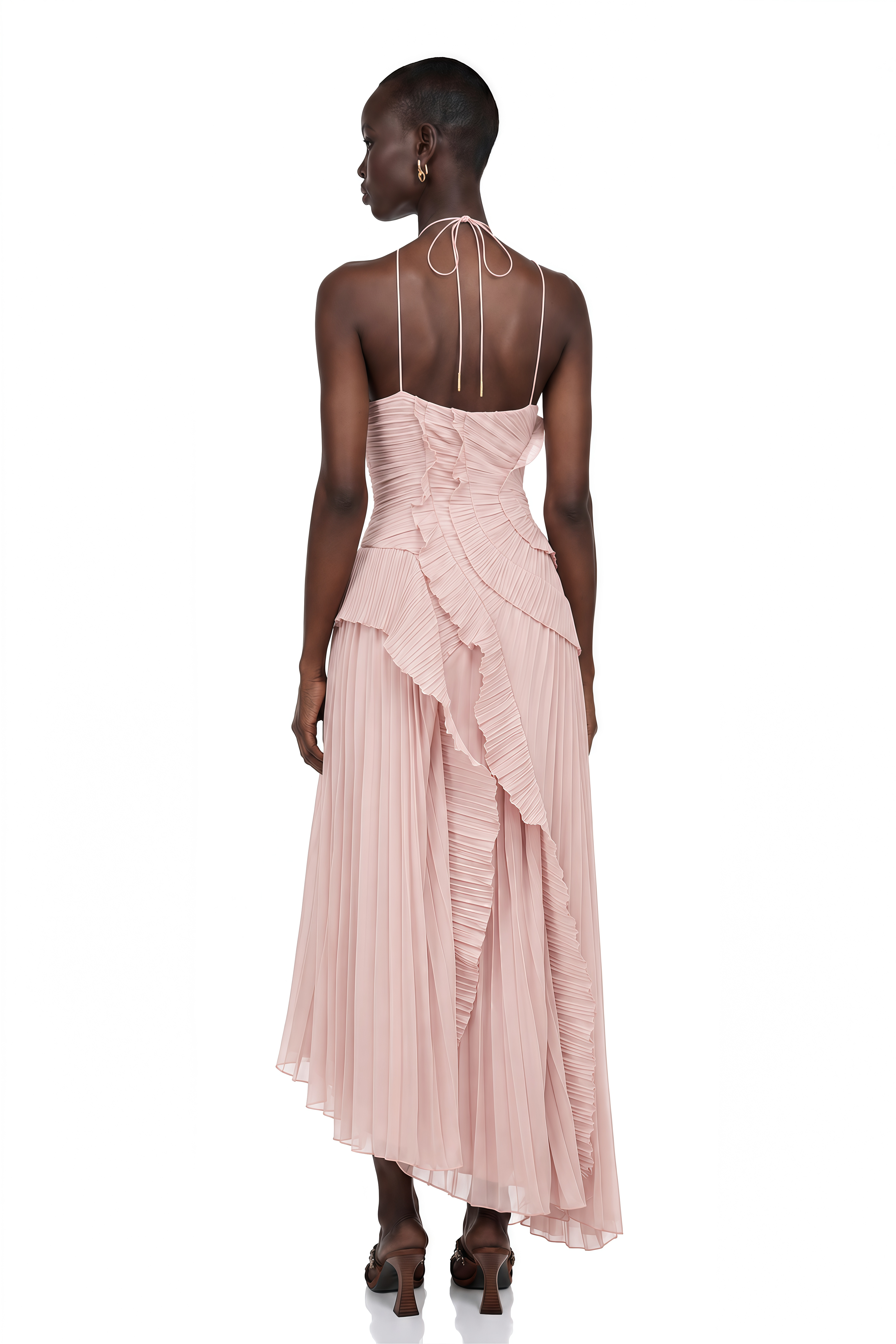 Doux Pink Ruffled Trim Pleated Midi Dress