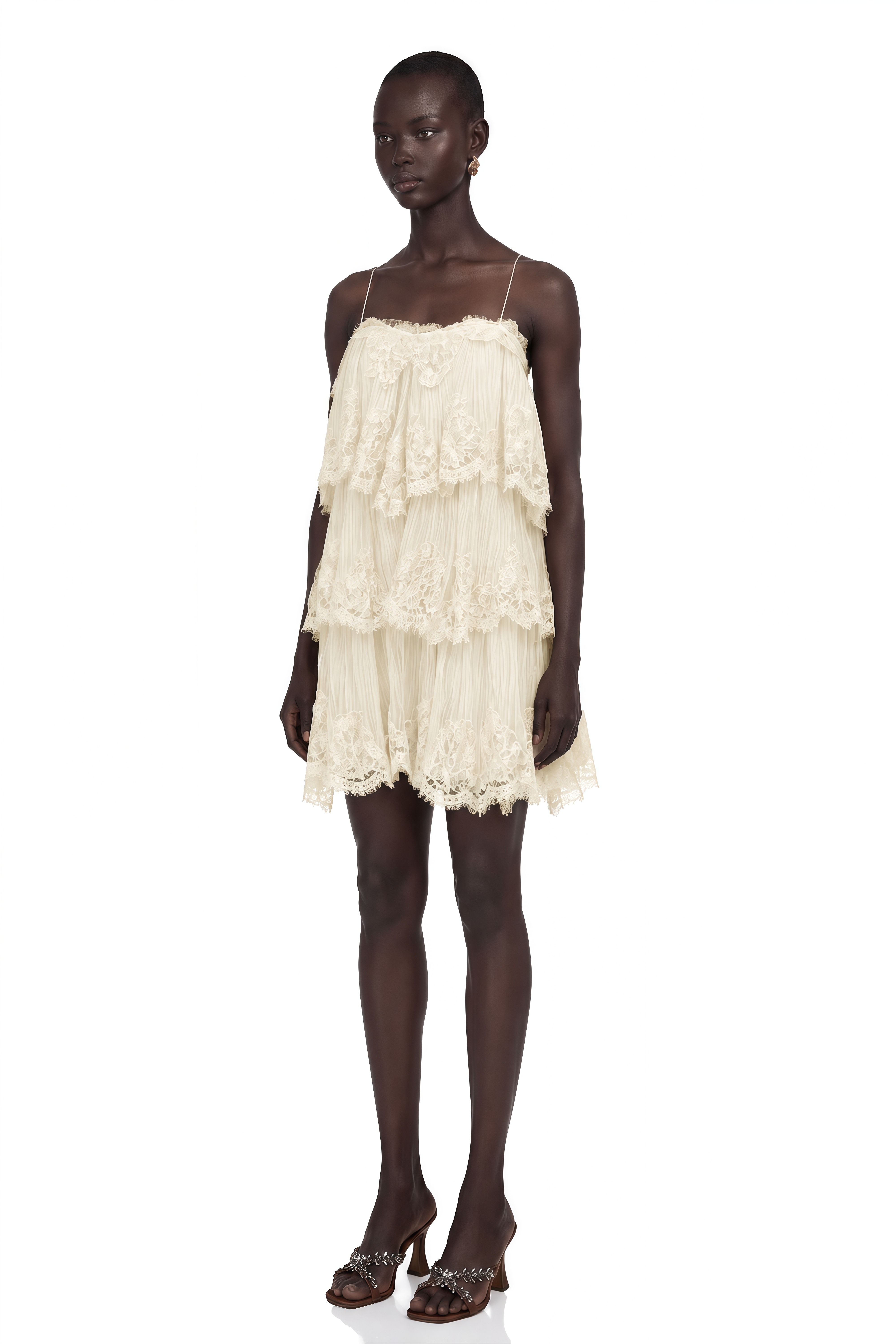 Rachel Beige Tiered Mini Dress with Lace Trim