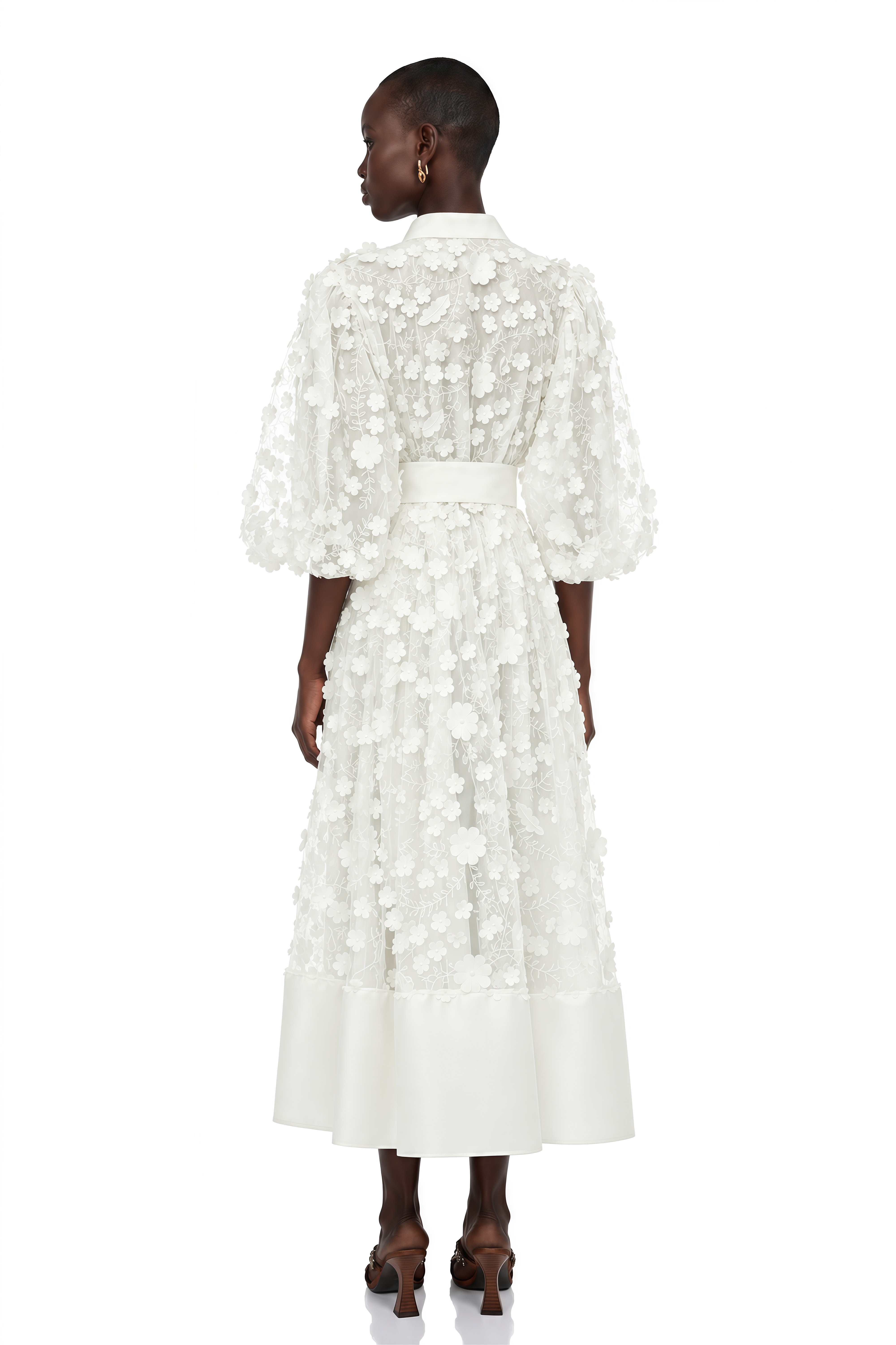 Olympia White Puff Sleeve Midi Dress with 3D Florals