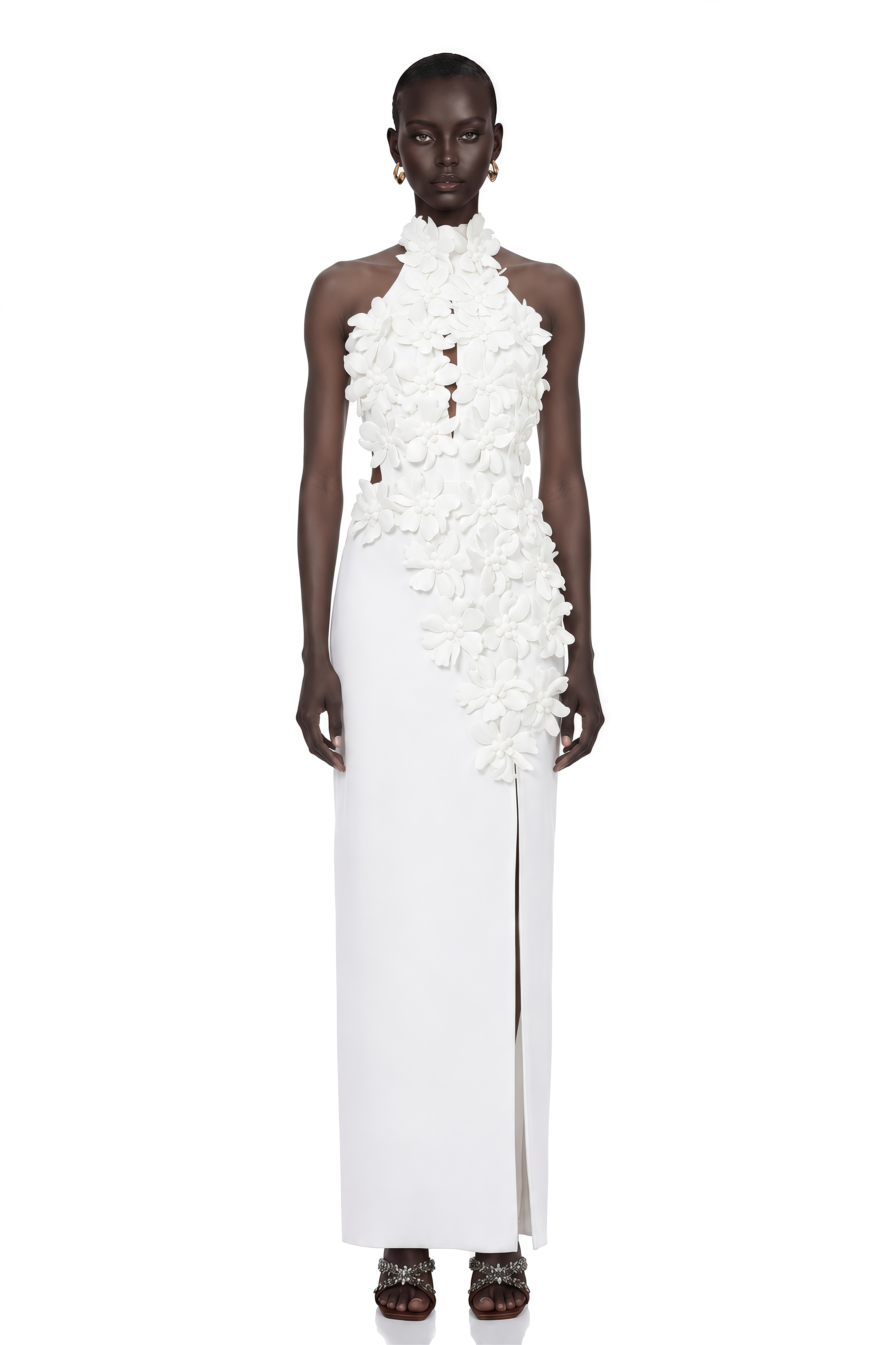 Brian White Halterneck 3D Petal Maxi Dress