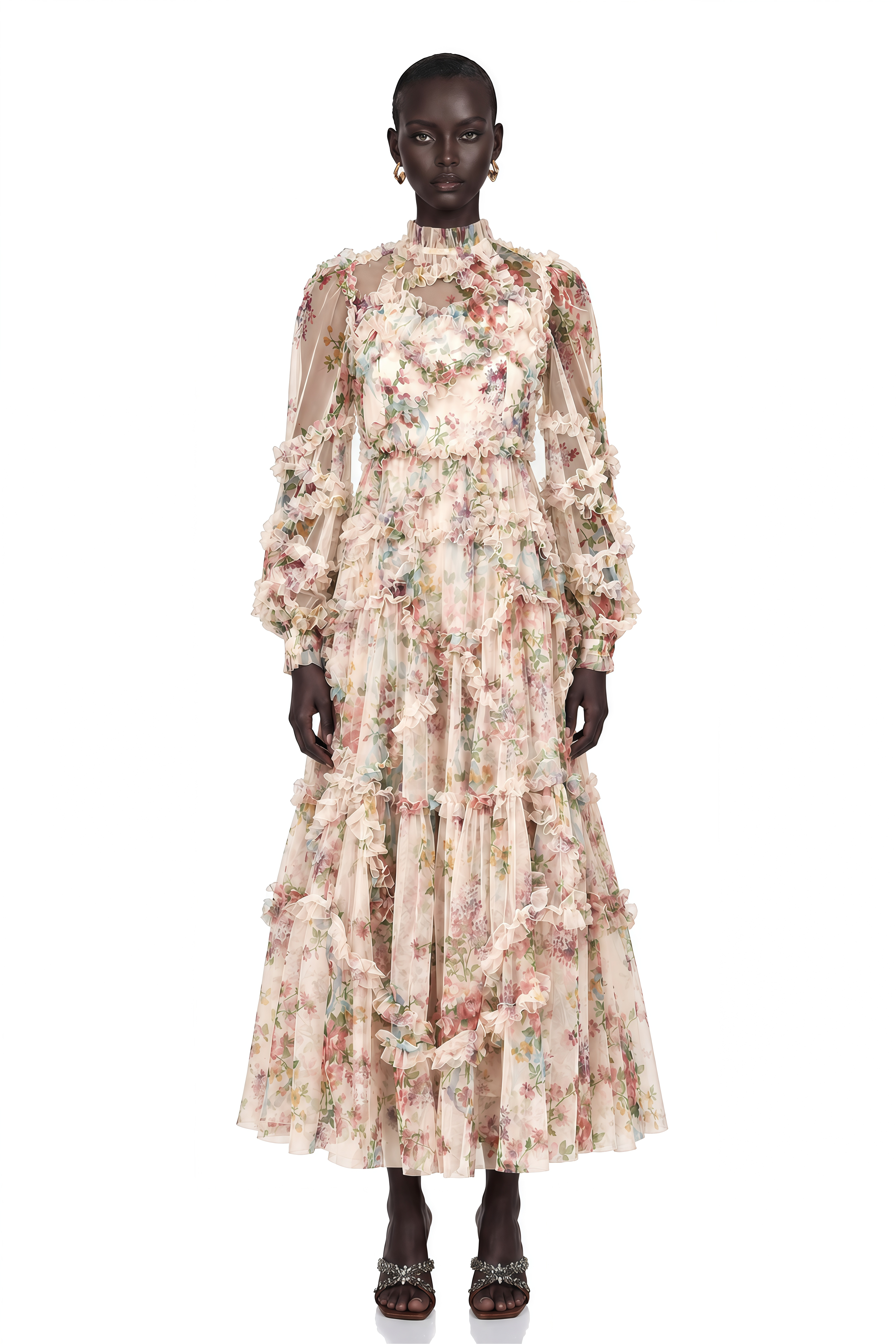 Candice Floral Ruffled Tulle Midi Dress
