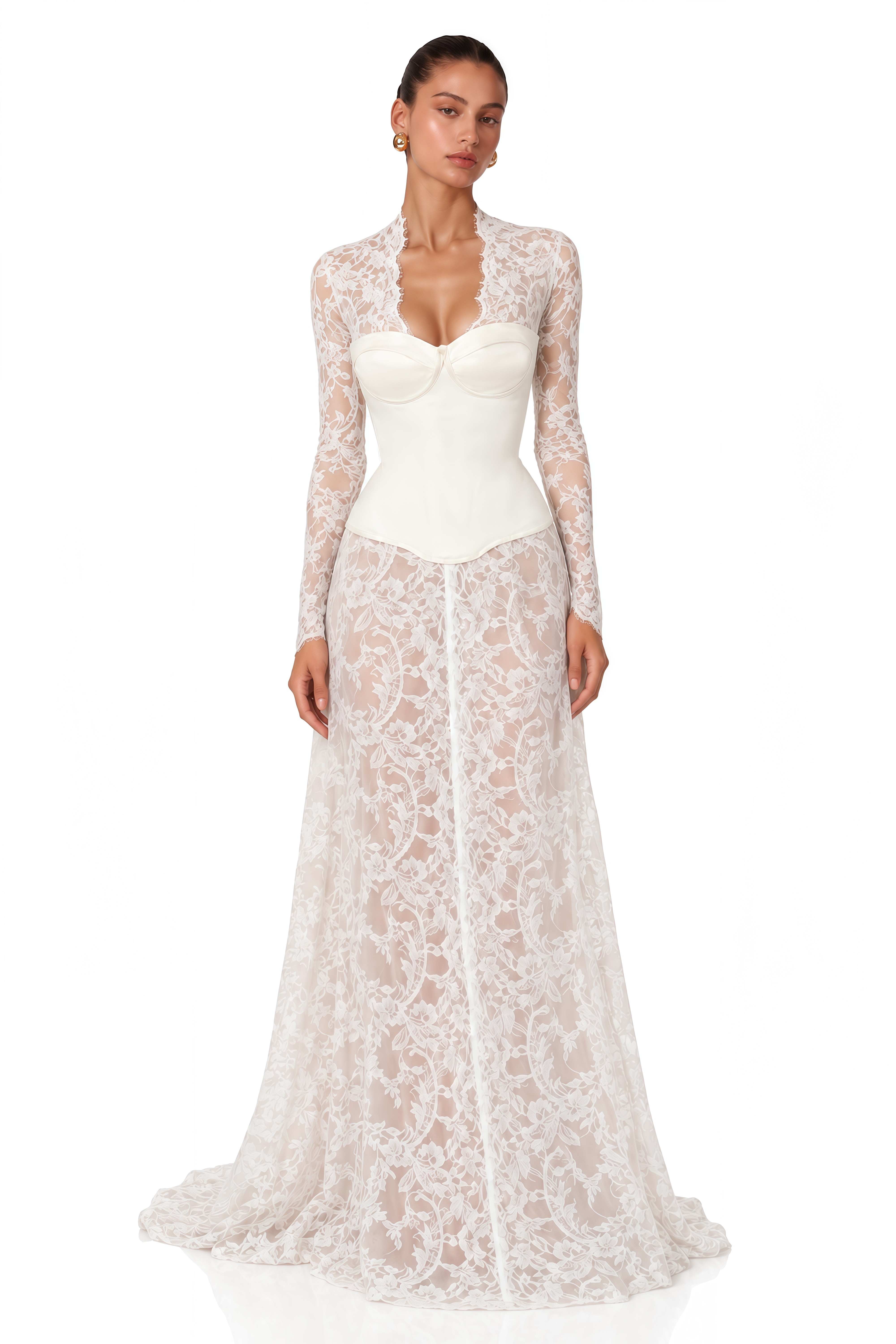 Bethany White Asymmetrical Lace Maxi Dress