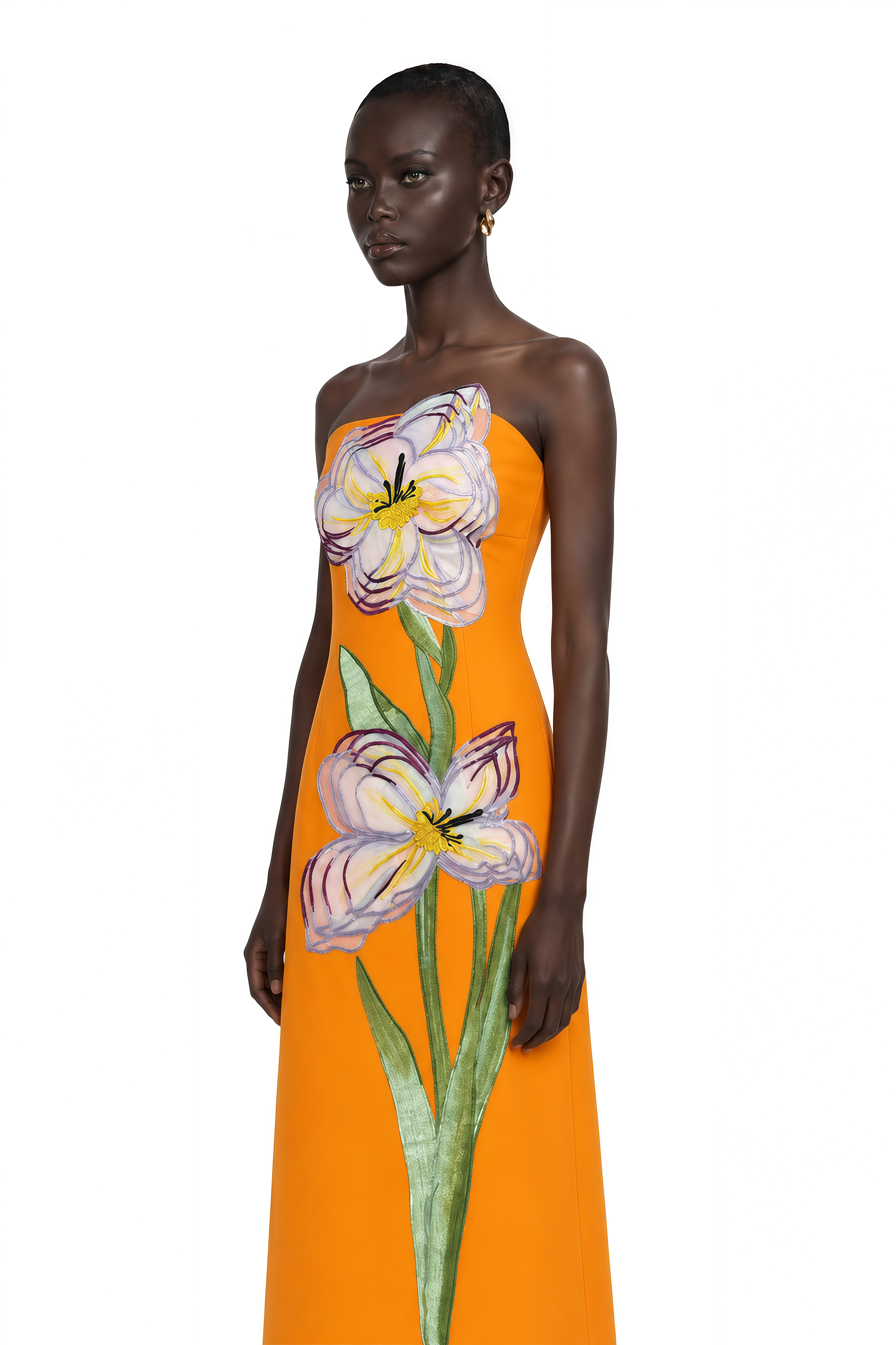 Irène Sequin Embroidered Off-Shoulder Midi Dress in Orange