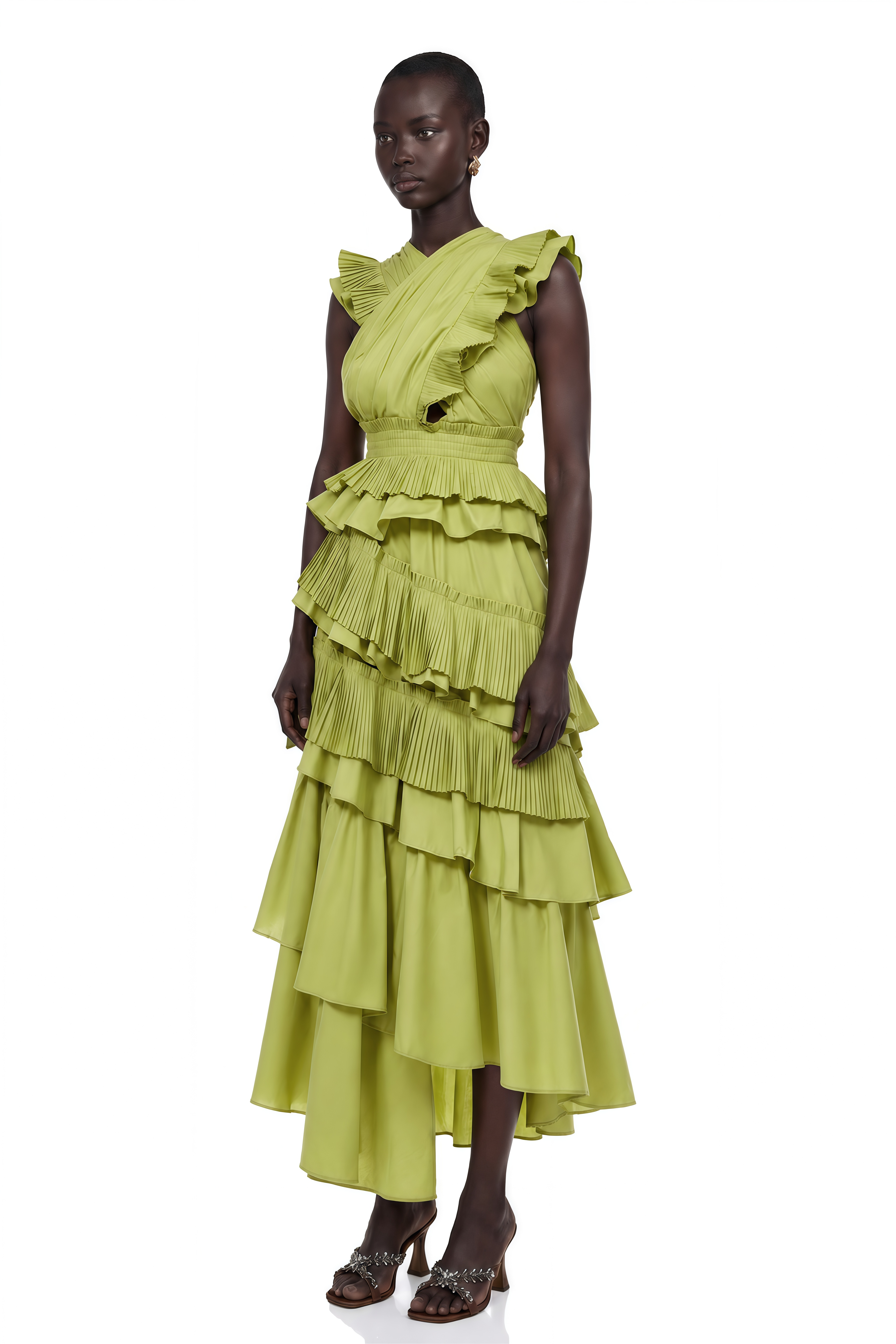 Raffaella Green Asymmetrical Ruffled Tiered Midi Dress