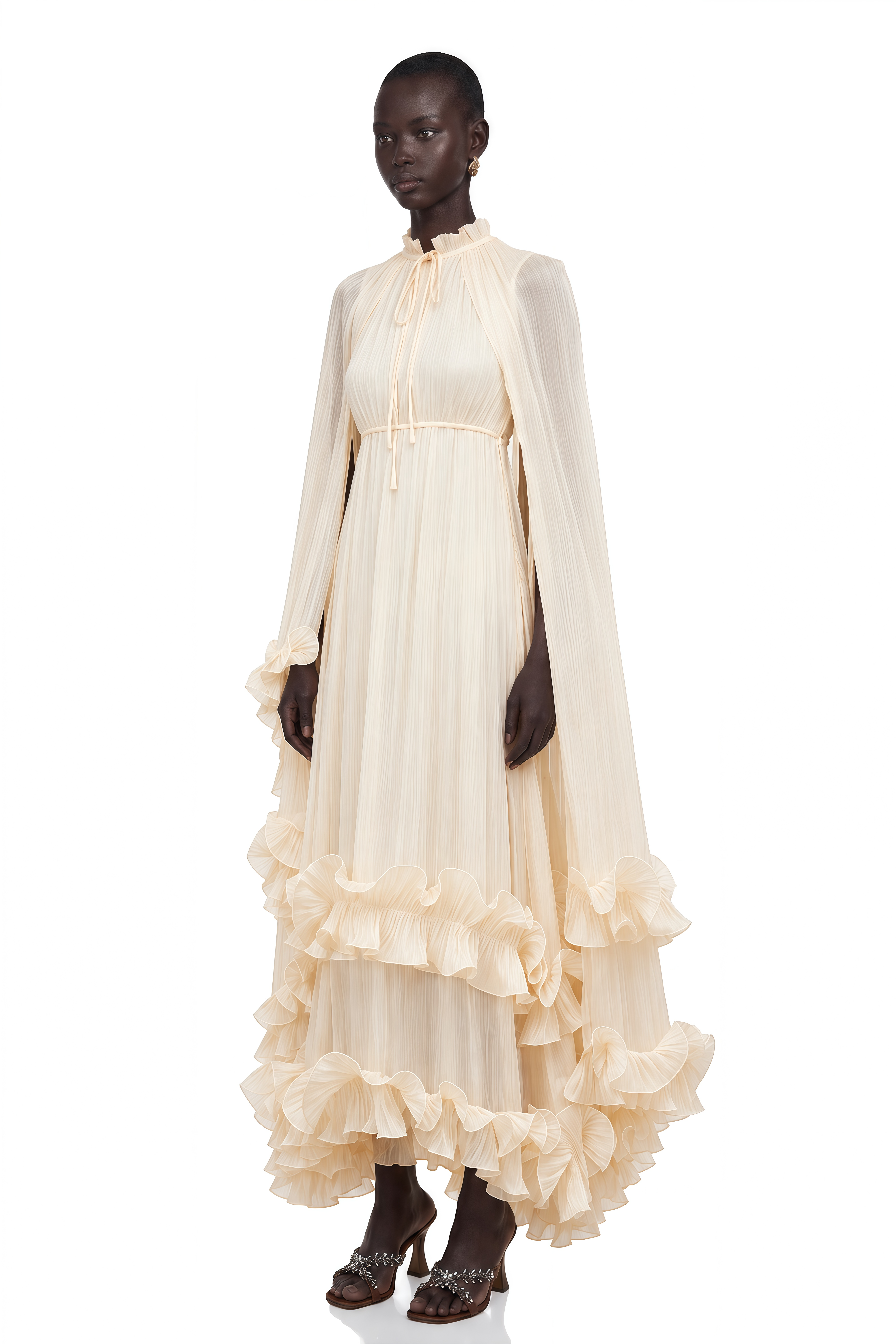 Intemporelle Neutral Cape Pleated Midi Dress
