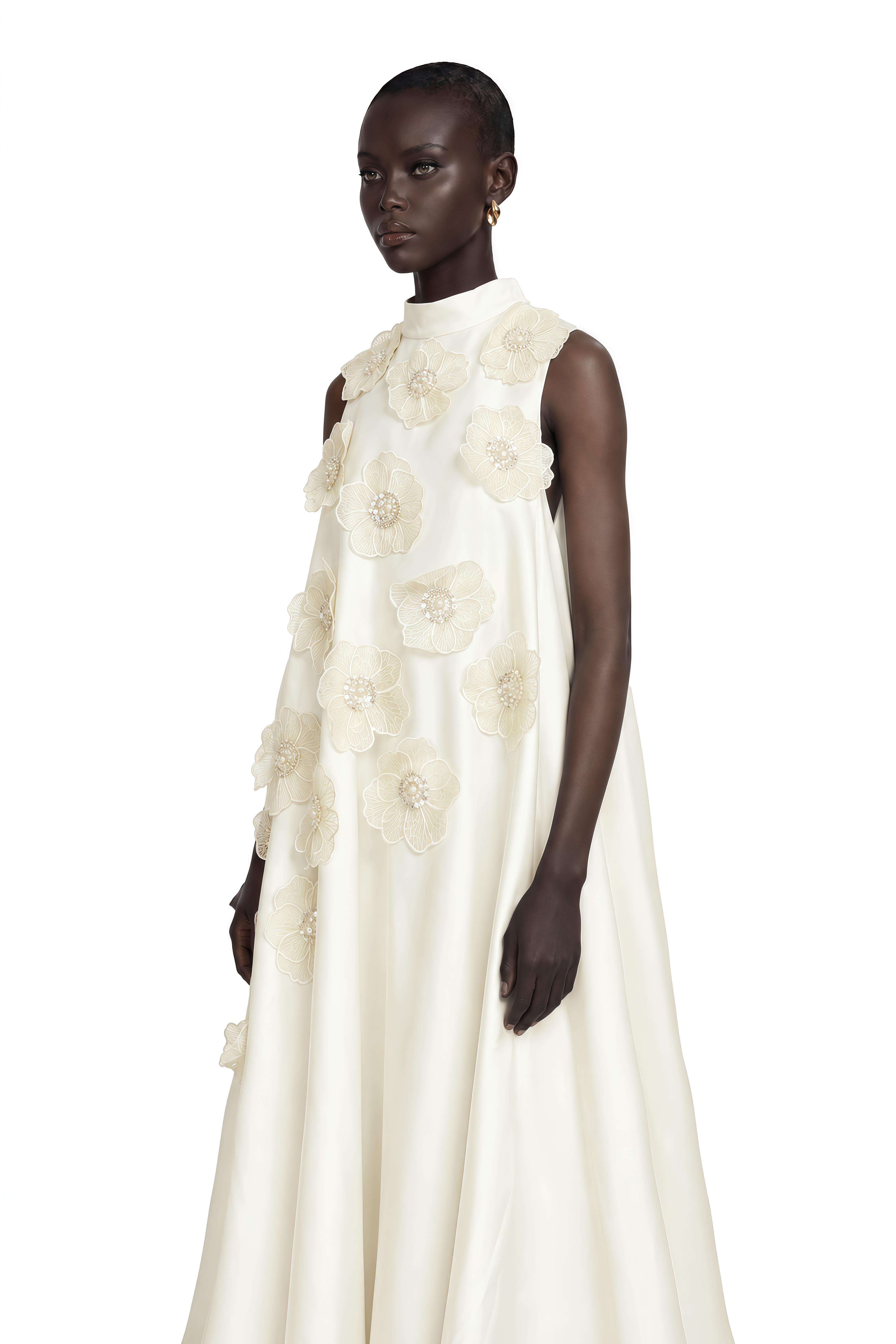 Émilie Sleeveless Floral-Applique Midi Dress in White