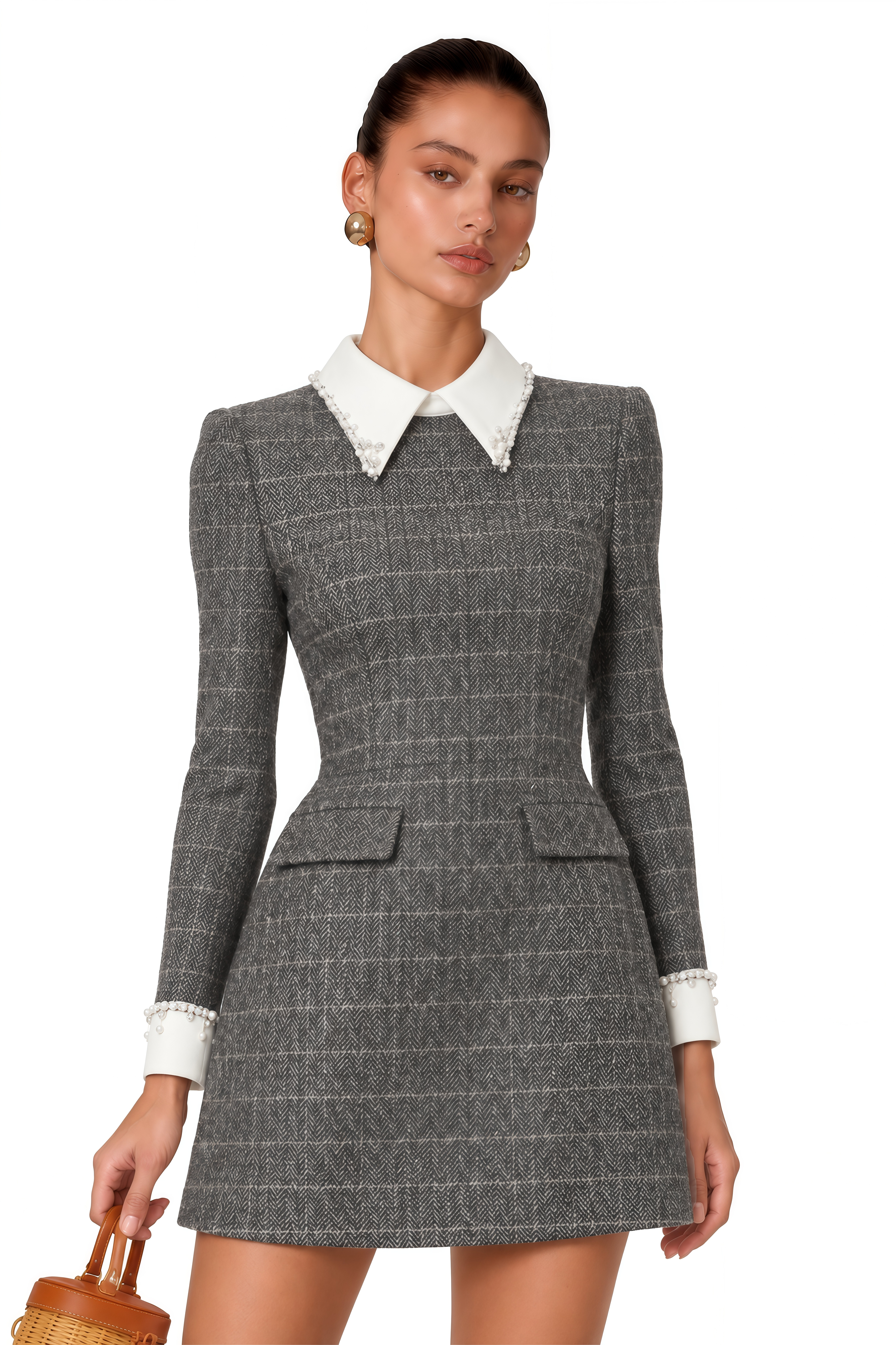 Sóley Grey Herringbone Tweed Mini Dress