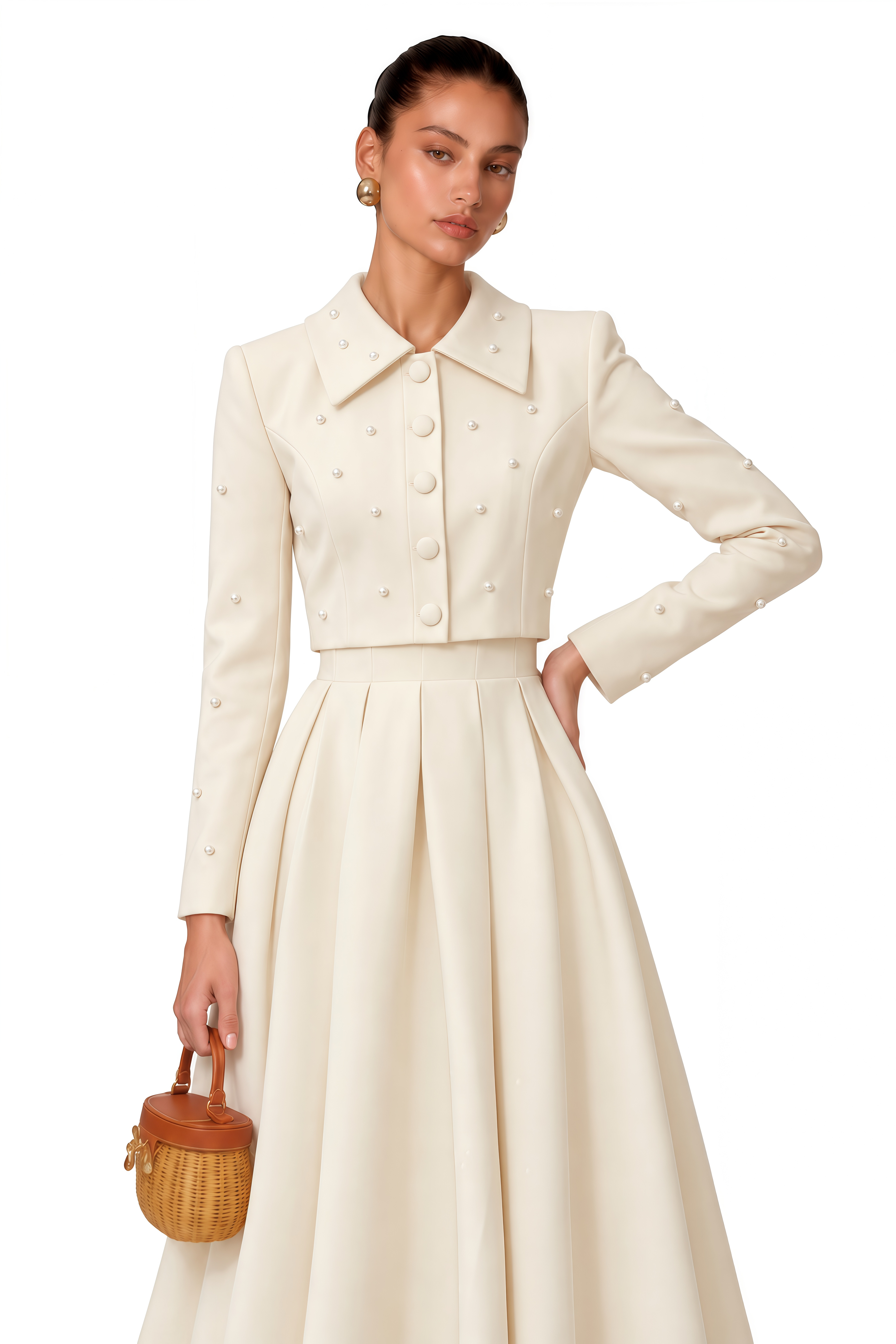 Maja White Faux Pearl Jacket & Pleated Skirt Set