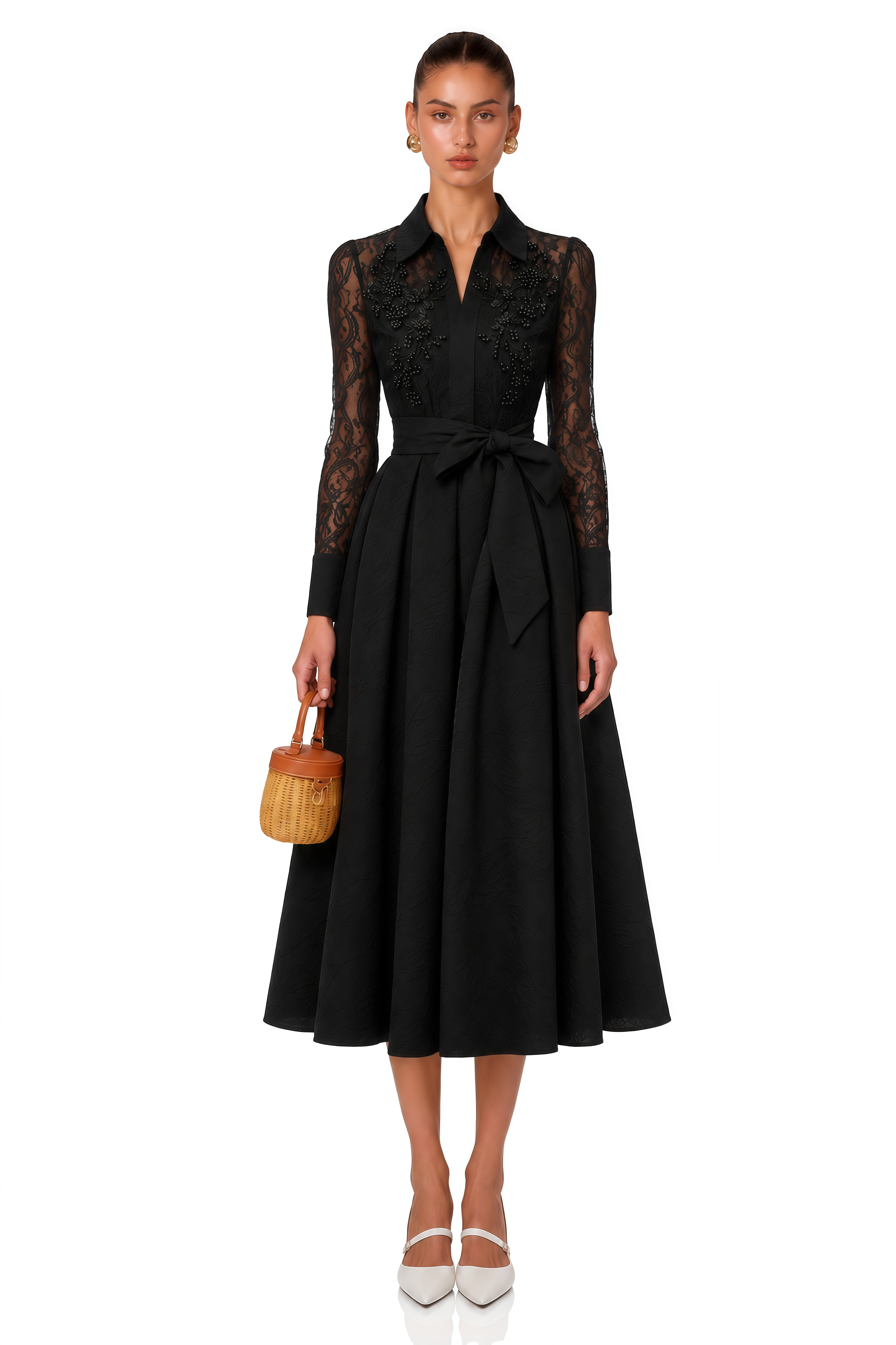 Lilliana Black Lace Midi Dress with Lapel Collar