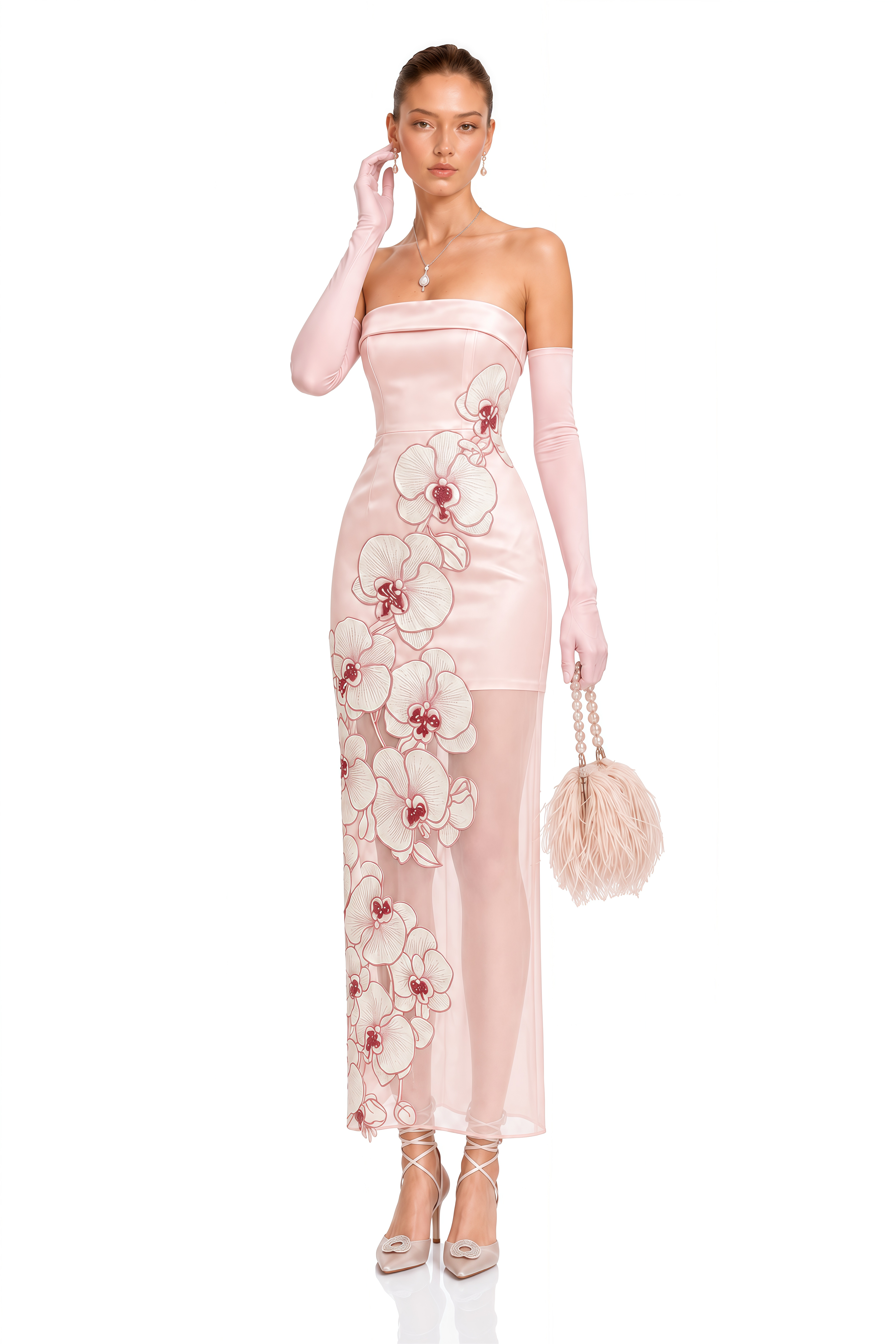 Ondina Pink Semi-Sheer Maxi Dress with Floral Applique