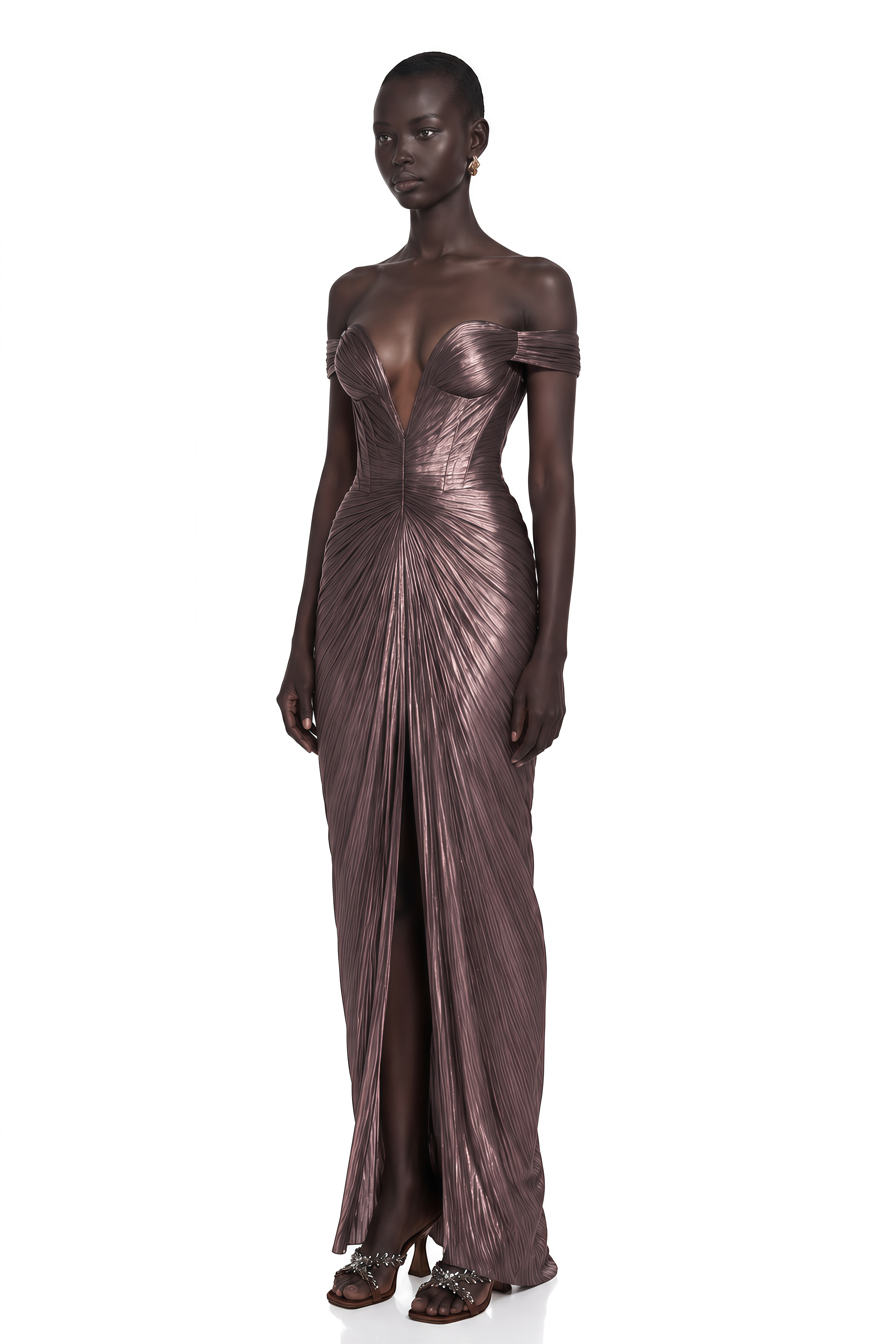 Pérola Bronze Gold Metallic Off Shoulder Maxi Dress