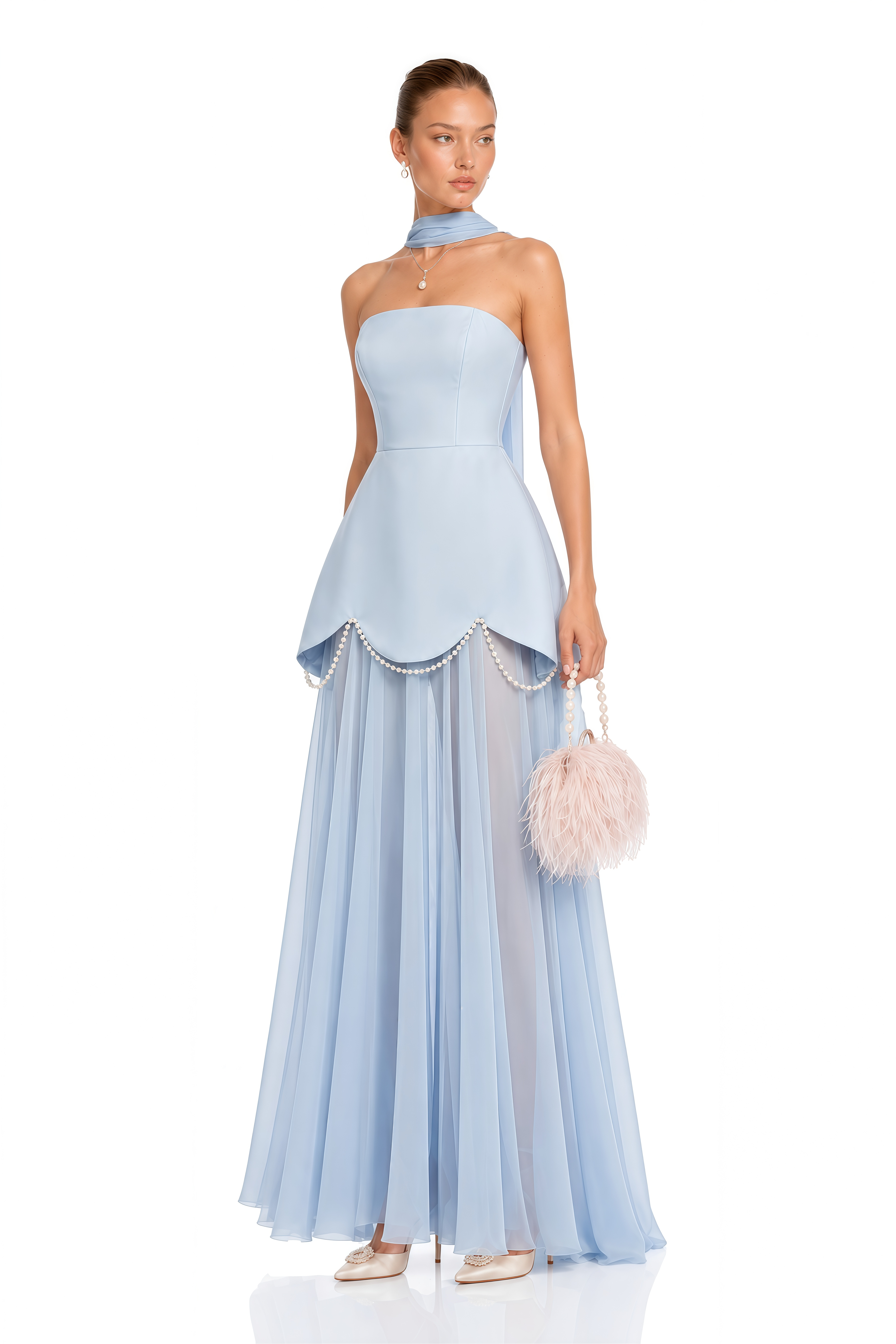 Iphigenia Light Blue Strapless Maxi Dress with Scallop Trim