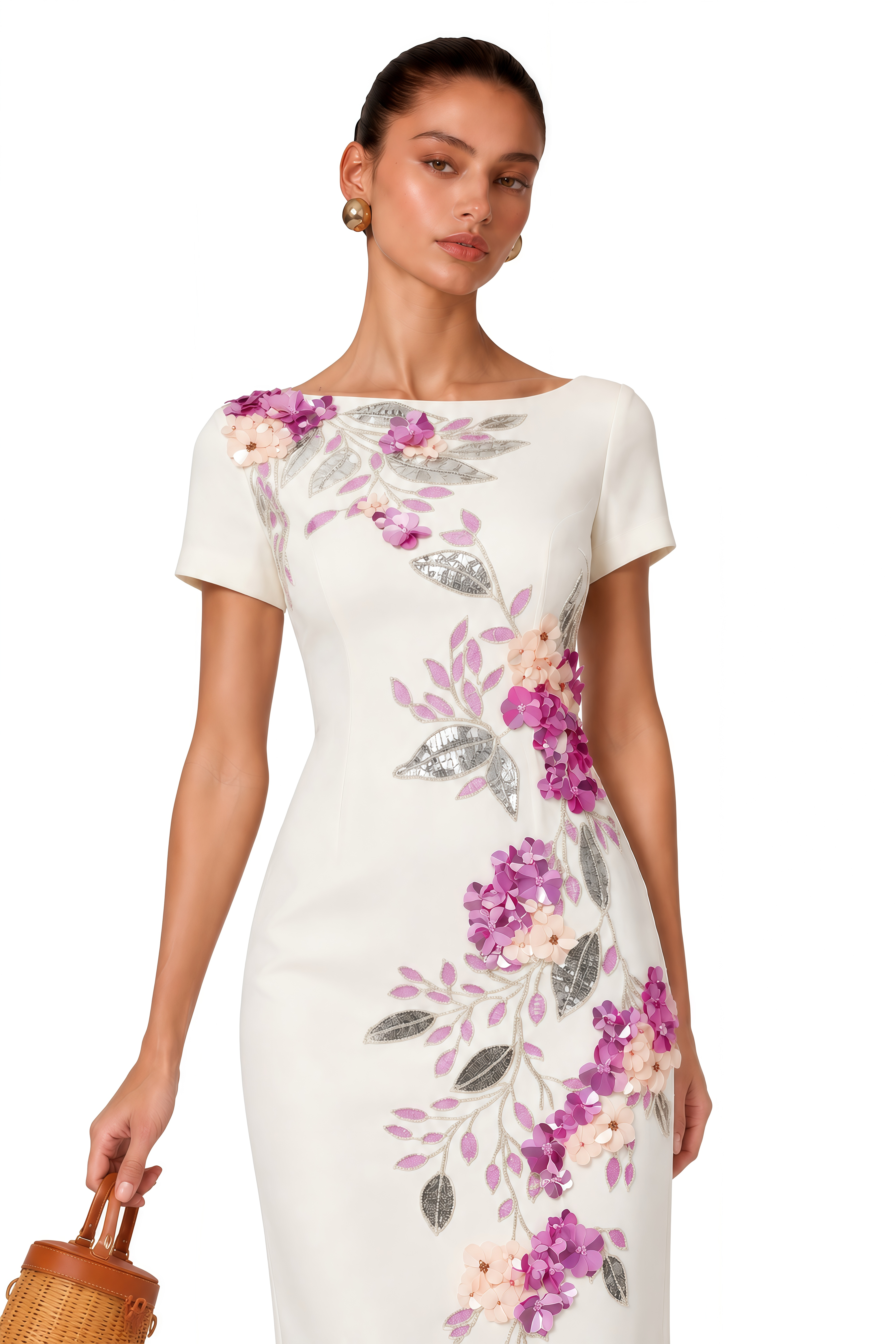 Althea White Short Sleeves Midi Dress with 3D Florals