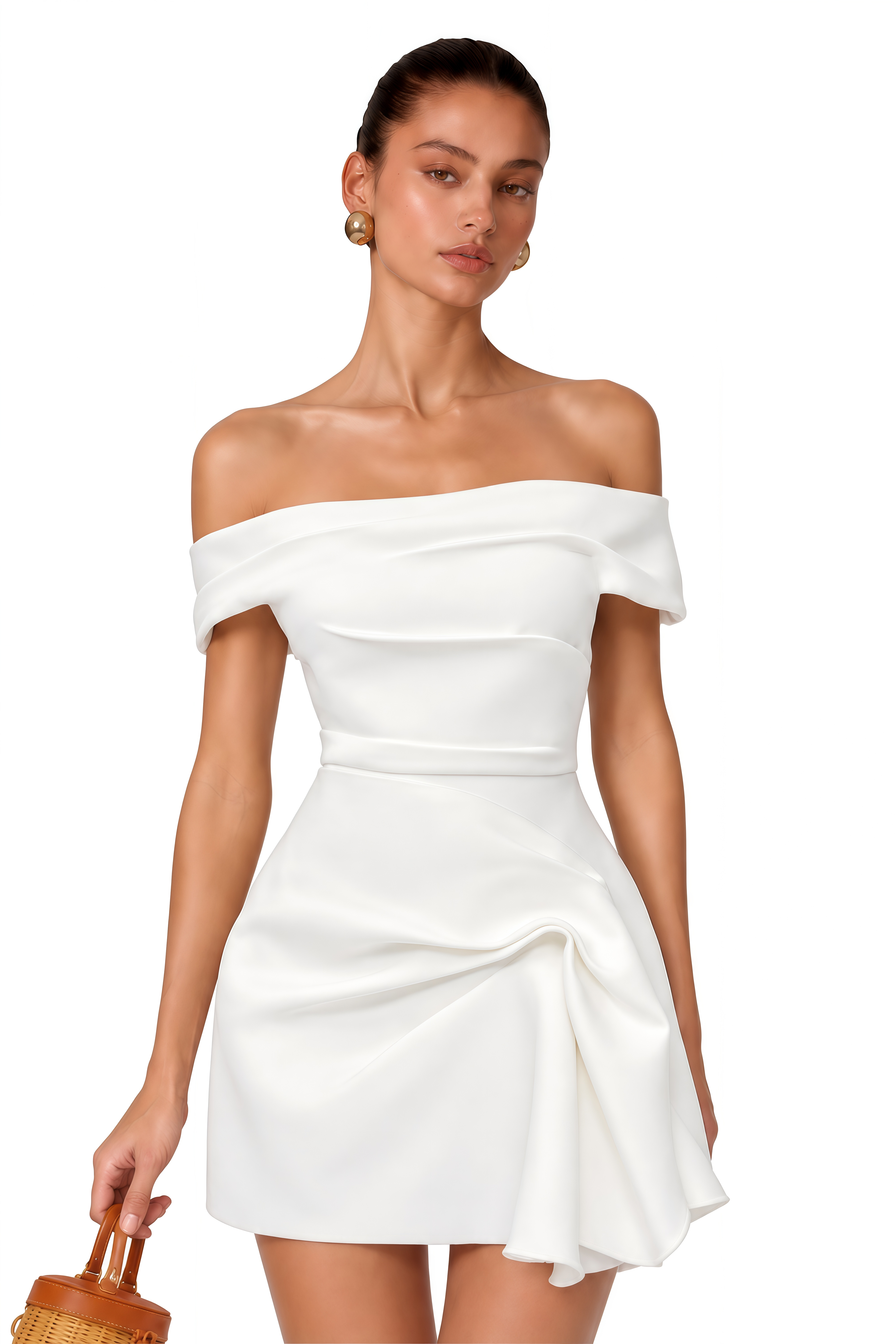 Imogen White Off Shoulder Draped Mini Dress with Ruffles
