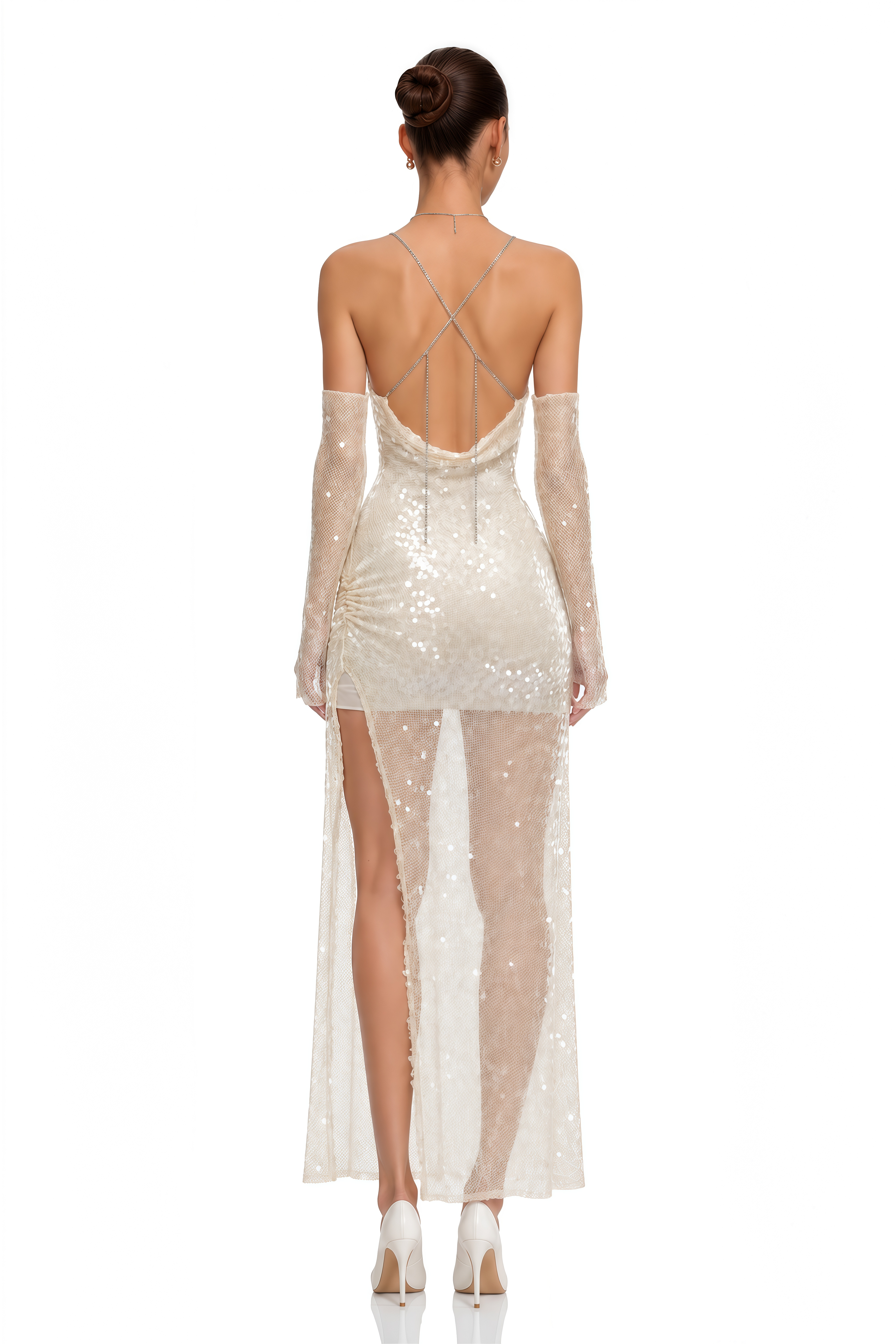 Valeria Neutral Halterneck Sequin Maxi Dress