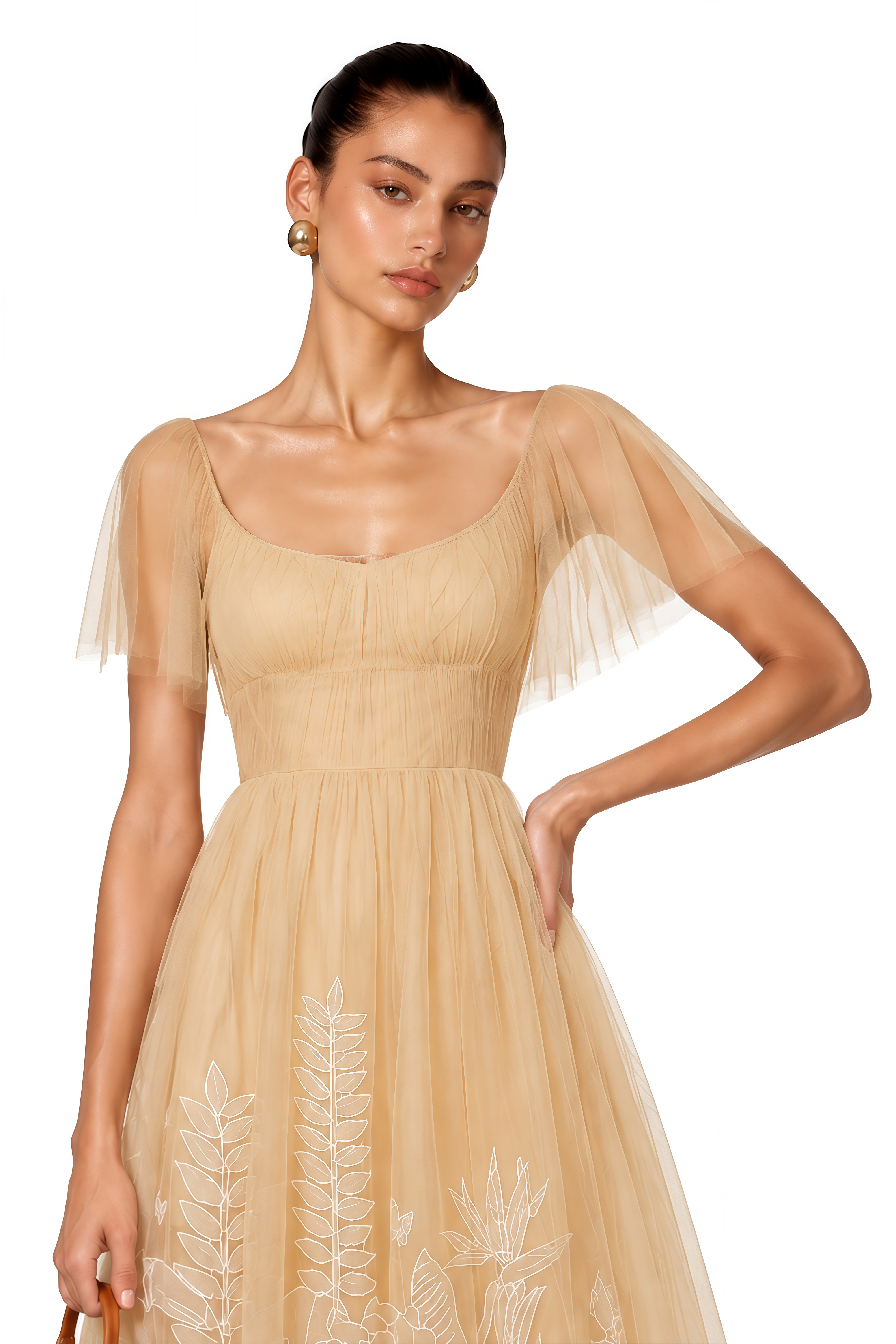 Blanka Neutral Pleated Jacquard Tulle Midi Dress