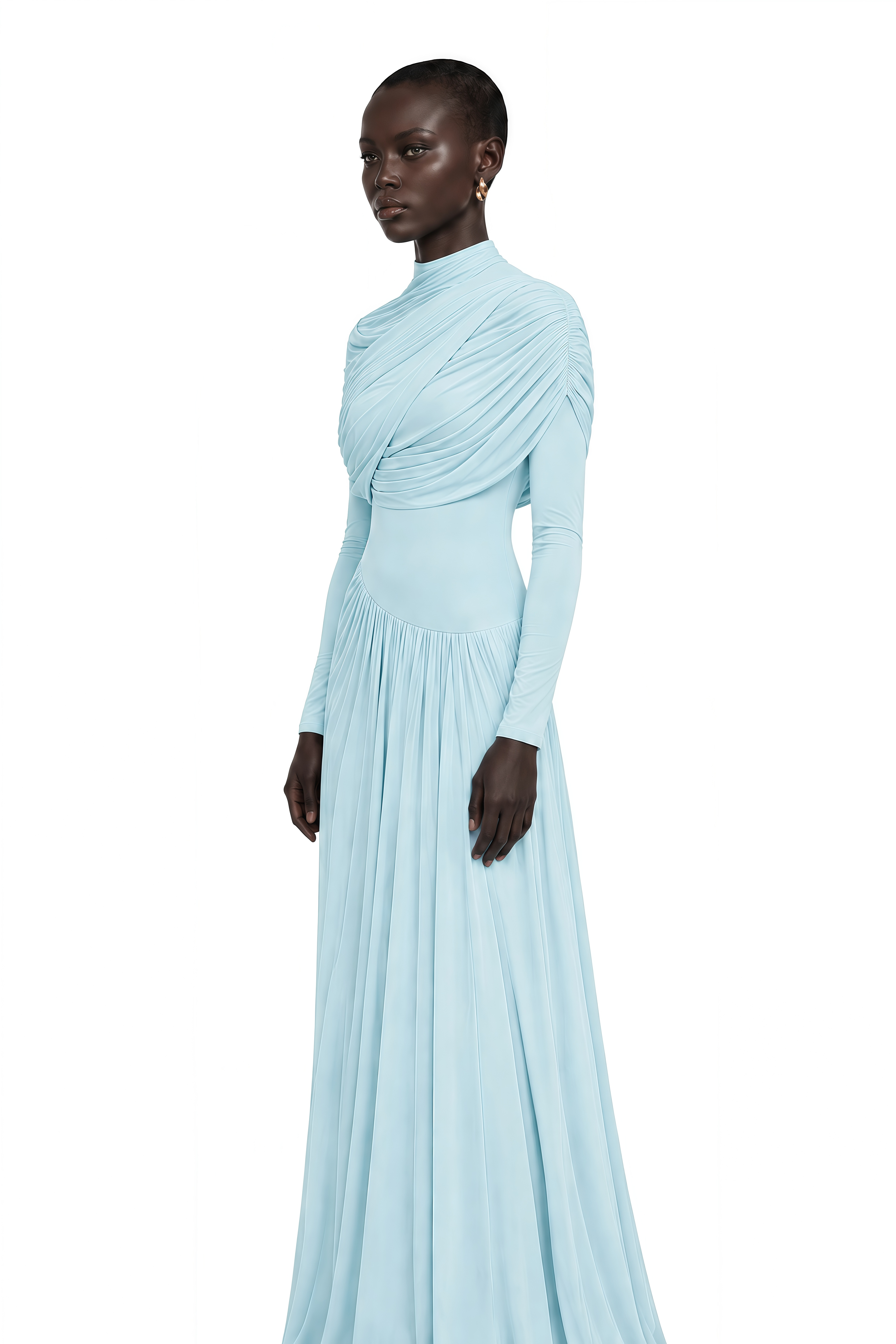 Catherine Baby-Blue Asymmetrical Pleated Long-Sleeve Maxi Dress