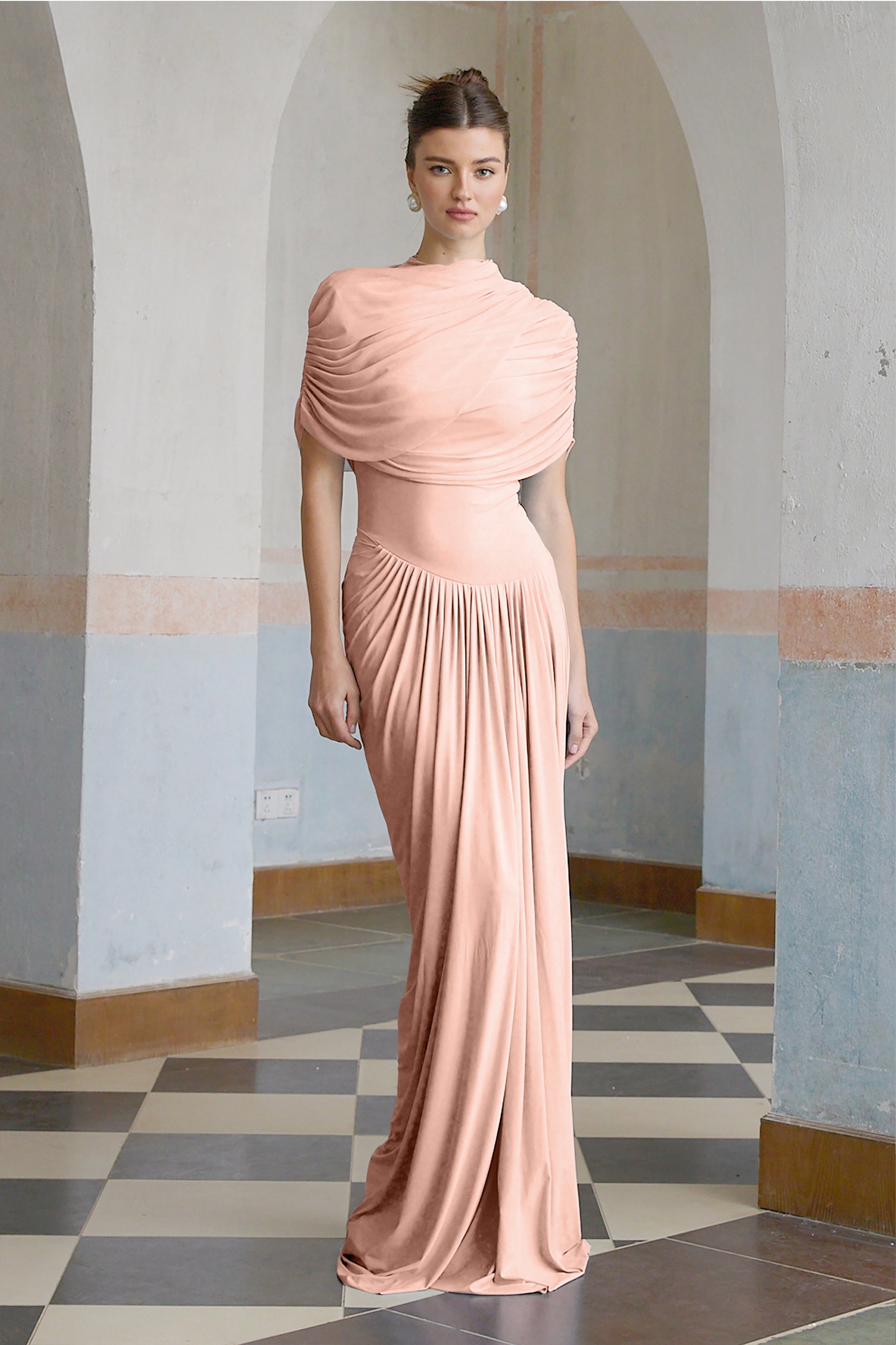 Catherine asymmetrical pleated maxi dress in Pink – Miss Rosier