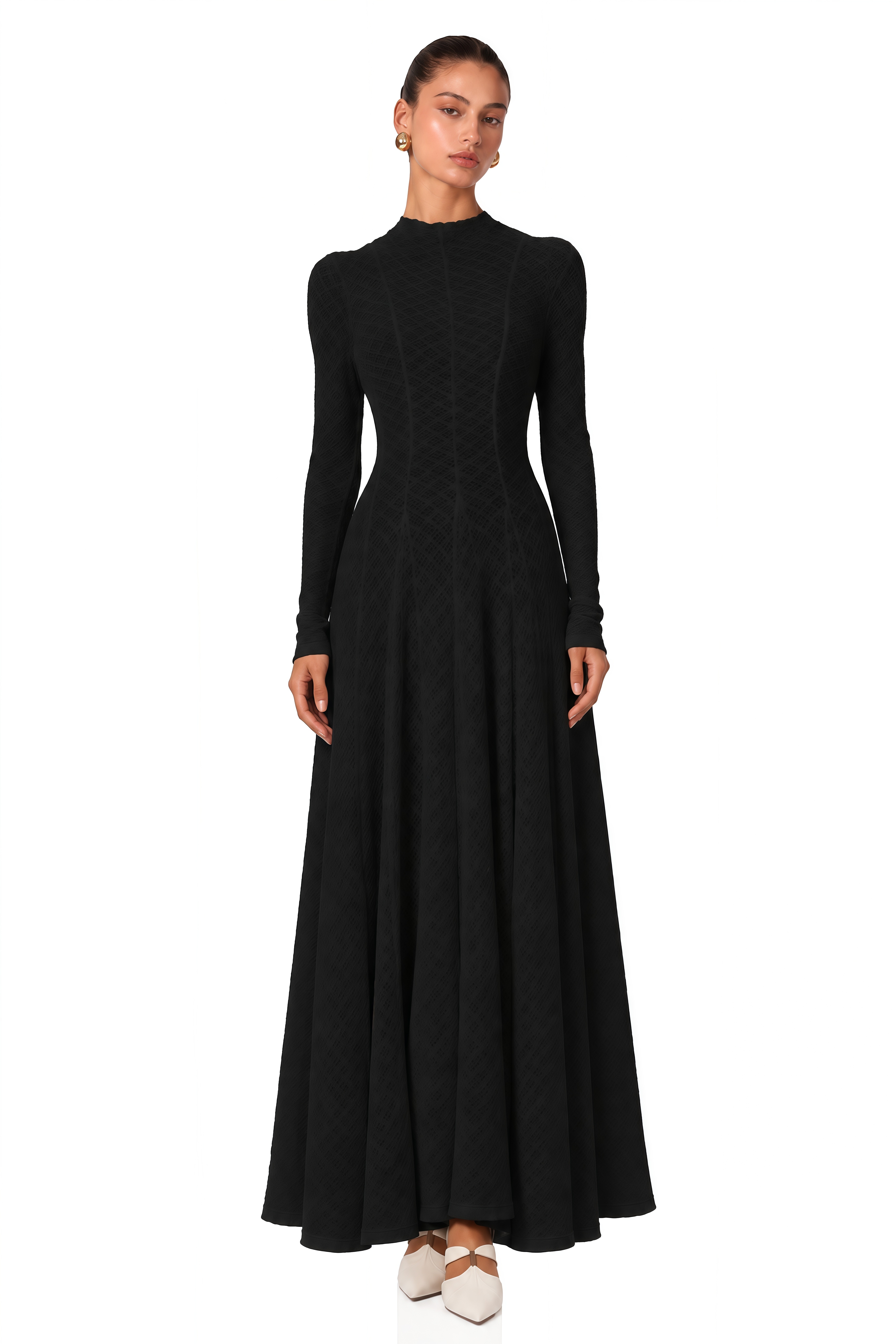 Athena Wavy-Pattern Lace Maxi Dress in Black